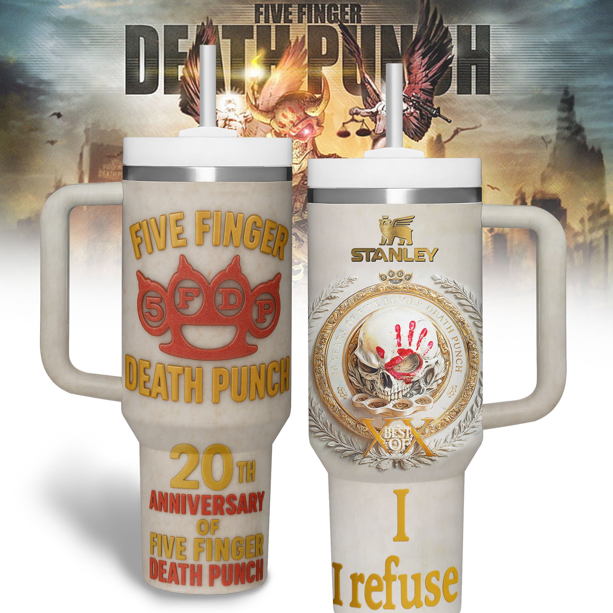 Hydratemerch Five Finger Death Punch Music Custom Stanley Quencher 40oz Stainless Steel Tumbler With Handle