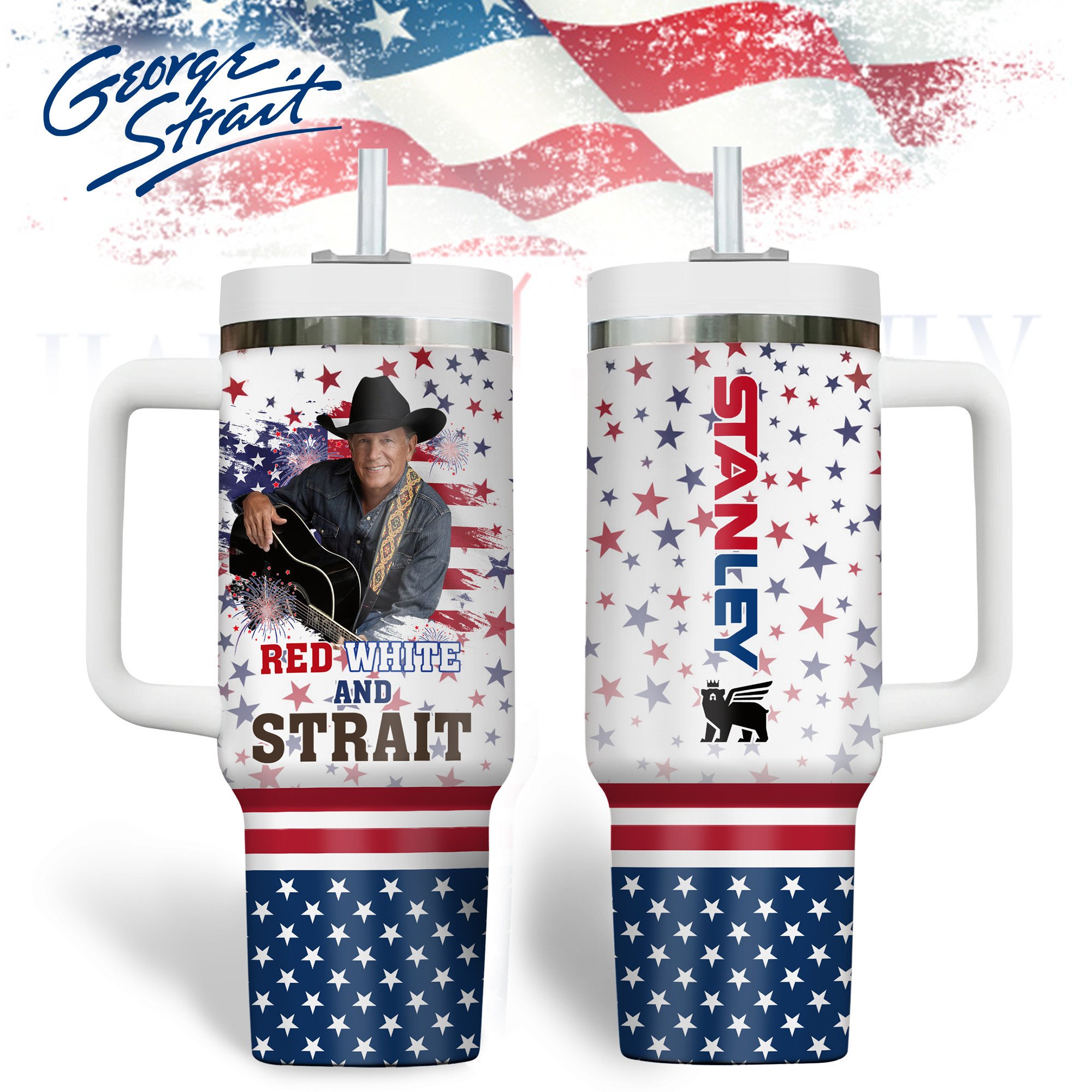 Hydratemerch George Strait Music Custom Stanley Quencher 40oz Stainless Steel Tumbler With Handle