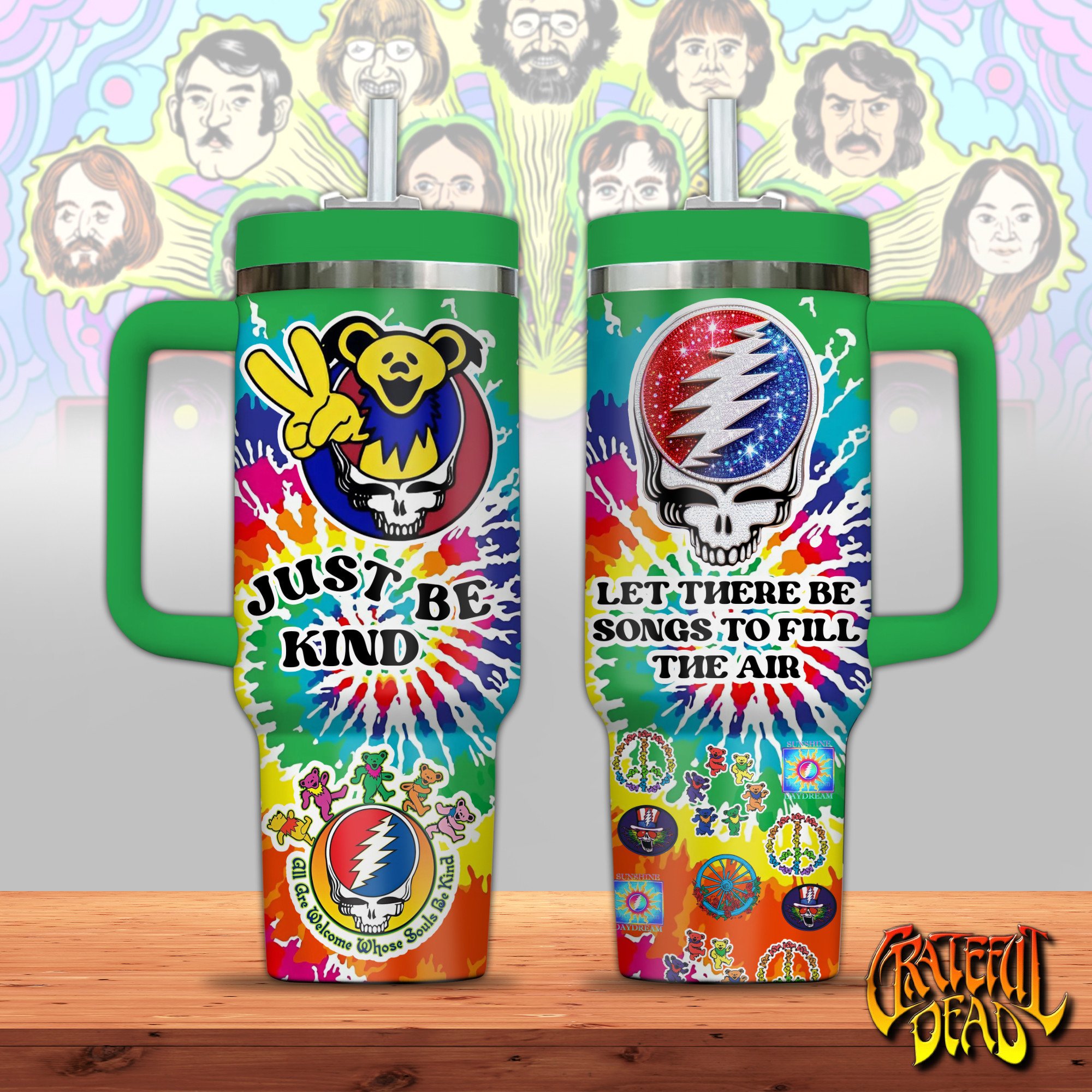 Hydratemerch Grateful Dead Music Custom Stanley Quencher 40oz Stainless Steel Tumbler With Handle
