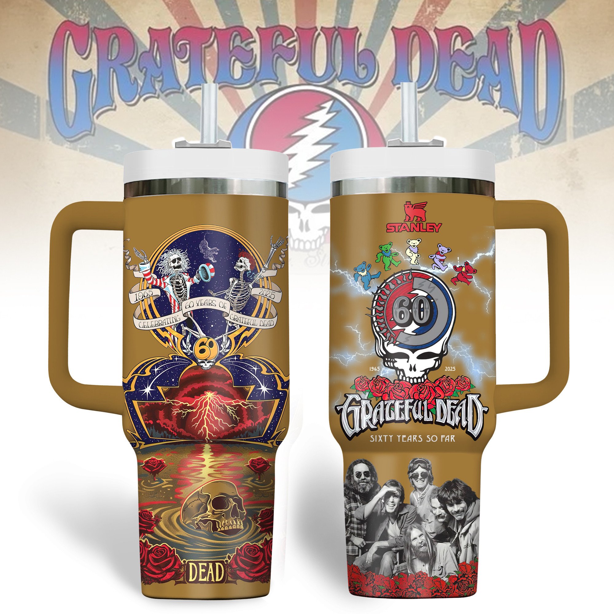 Hydratemerch Grateful Dead Music Custom Stanley Quencher 40oz Stainless Steel Tumbler With Handle