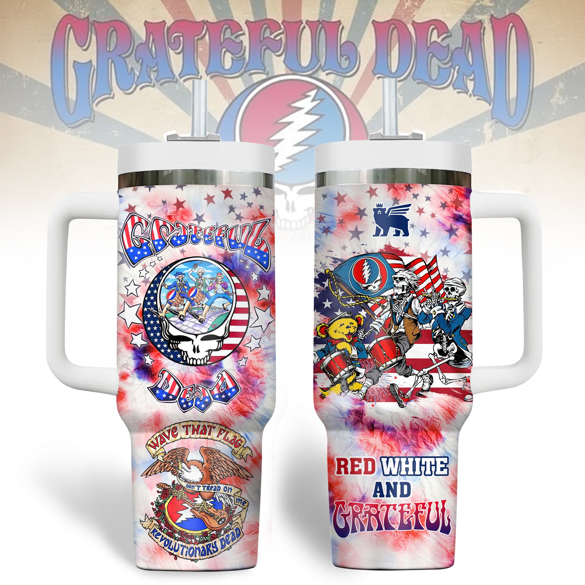 Hydratemerch Grateful Dead Music Custom Stanley Quencher 40oz Stainless Steel Tumbler With Handle