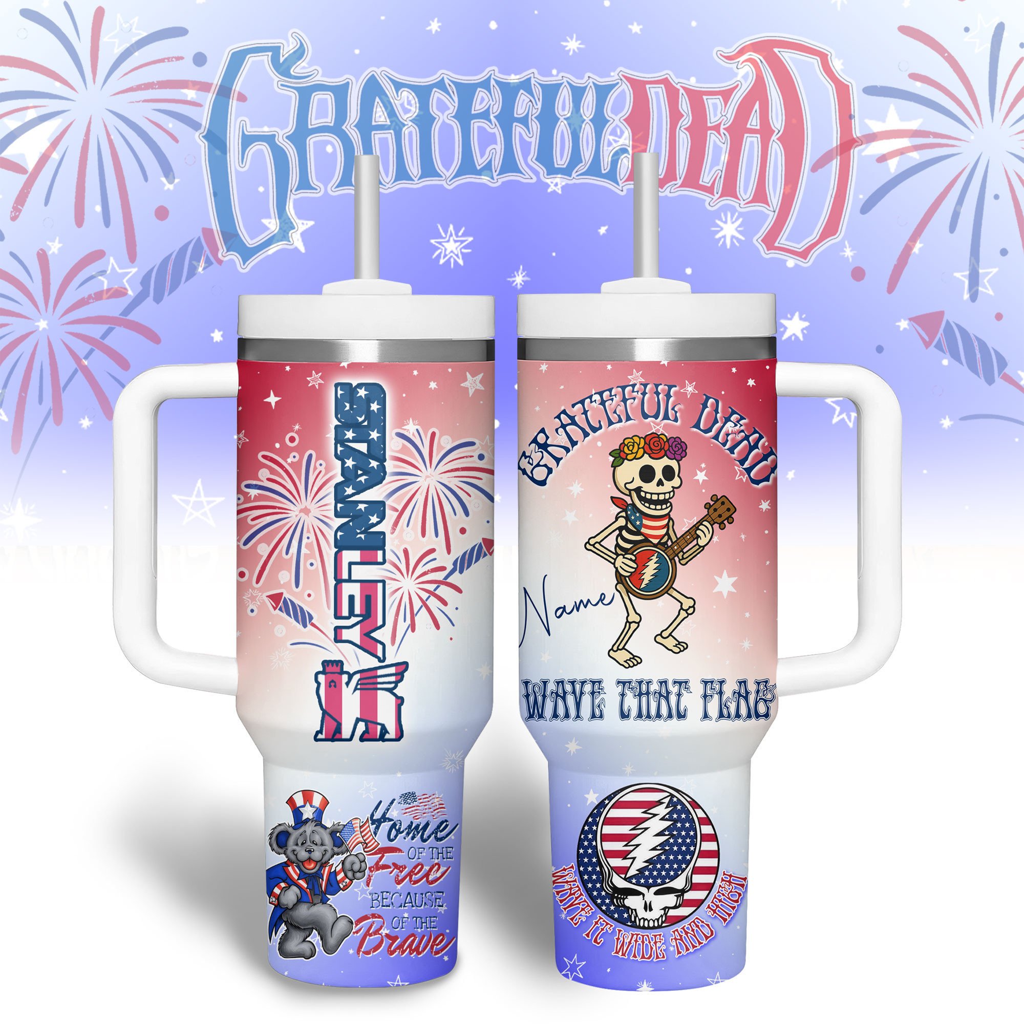 Hydratemerch Grateful Dead Music Custom Stanley Quencher 40oz Stainless Steel Tumbler With Handle