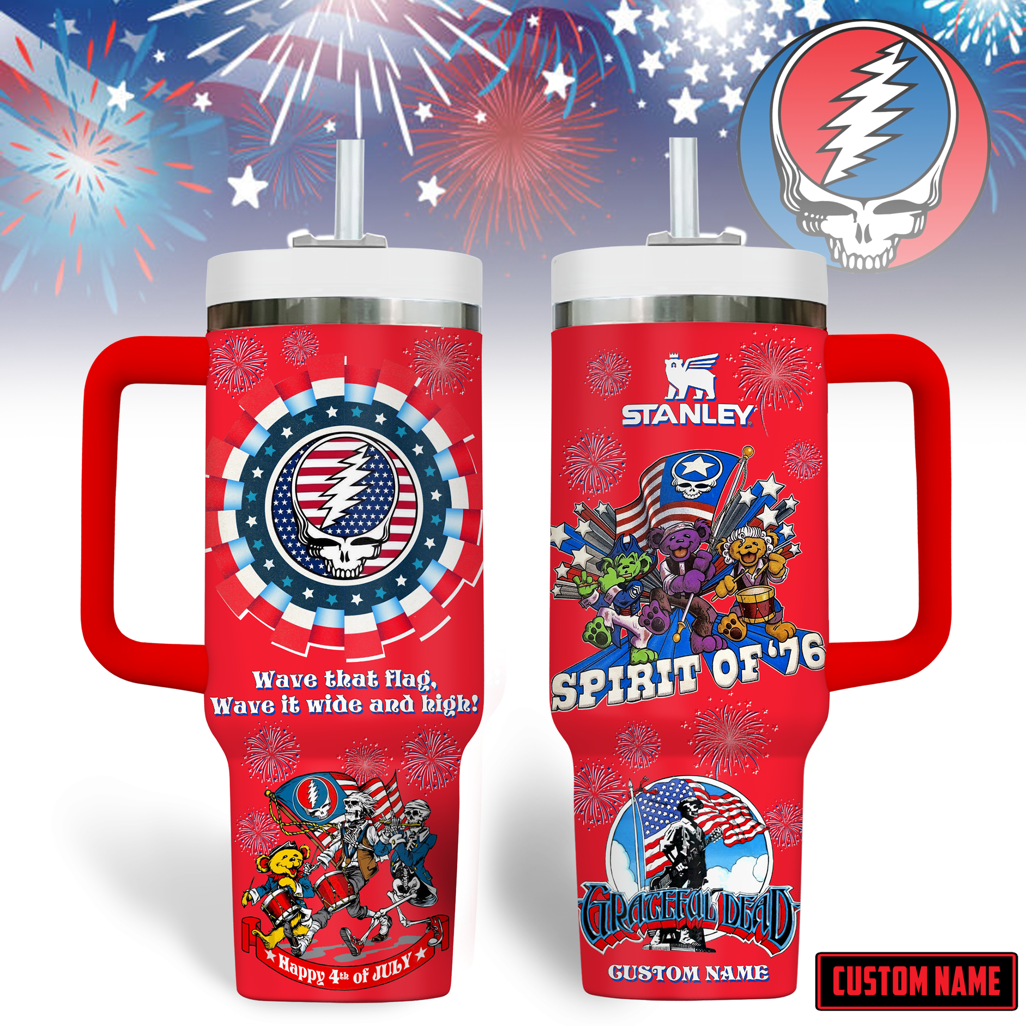 Hydratemerch Grateful Dead Music Custom Stanley Quencher 40oz Stainless Steel Tumbler With Handle