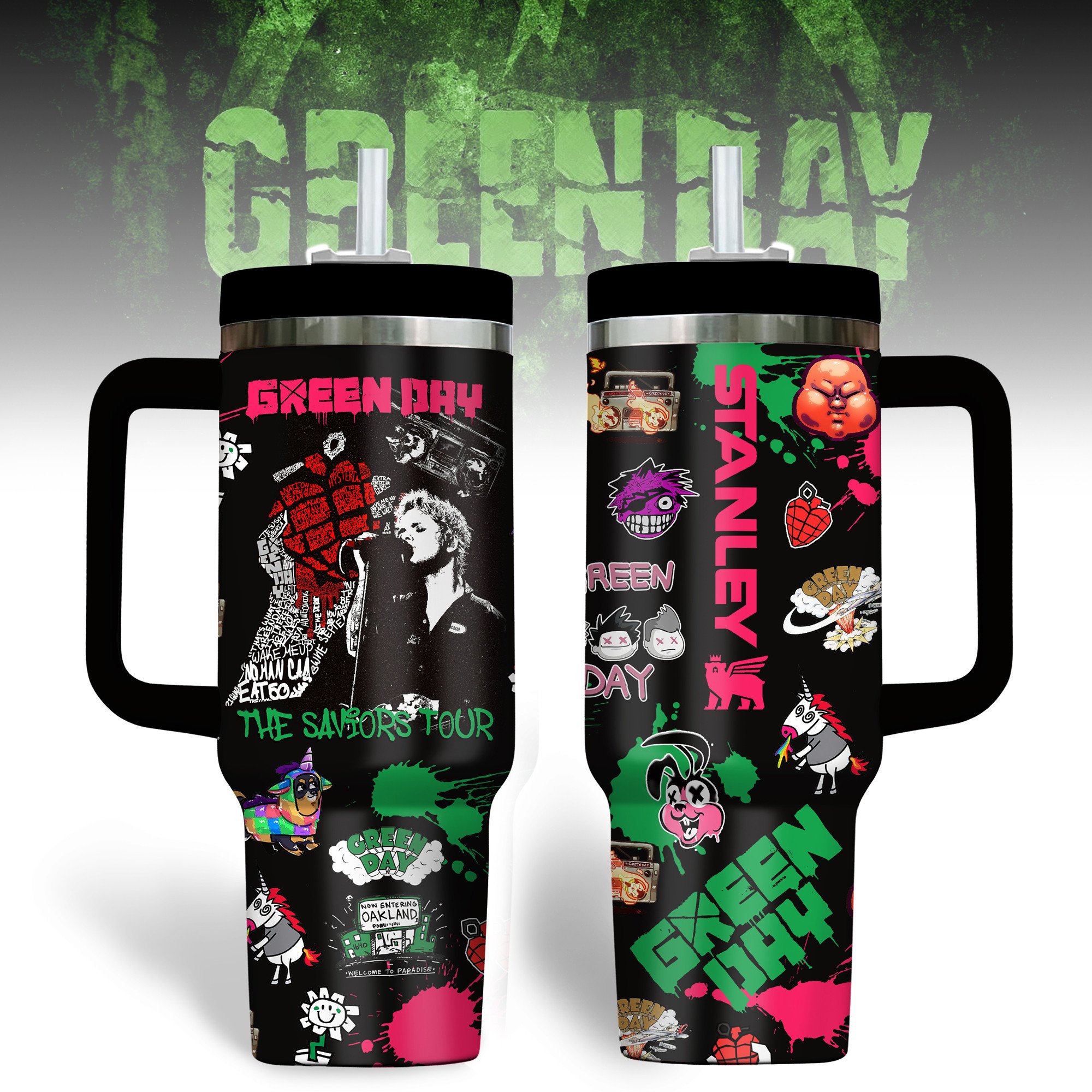 Hydratemerch Green Day Music Custom Stanley Quencher 40oz Stainless Steel Tumbler With Handle