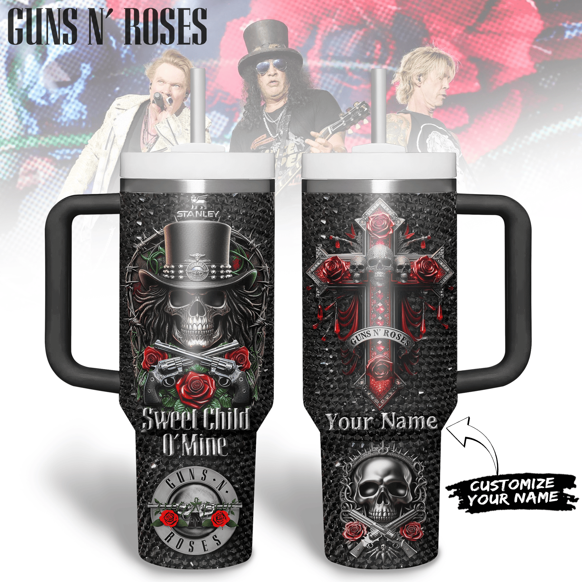 Hydratemerch Guns N’ Roses Music Custom Stanley Quencher 40oz Stainless Steel Tumbler With Handle