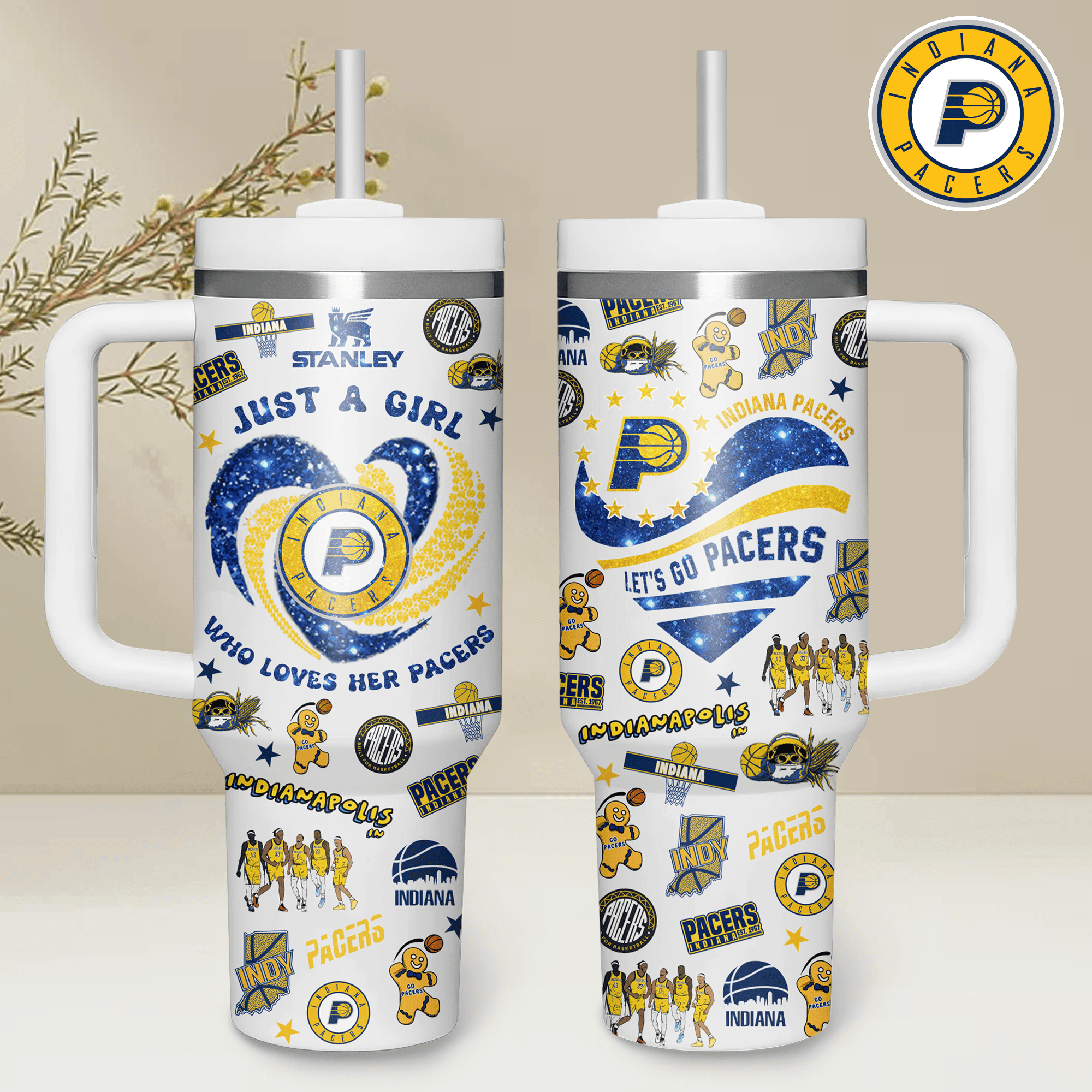 Hydratemerch Indiana Pacers NBA Custom Stanley Quencher 40oz Stainless Steel Tumbler With Handle