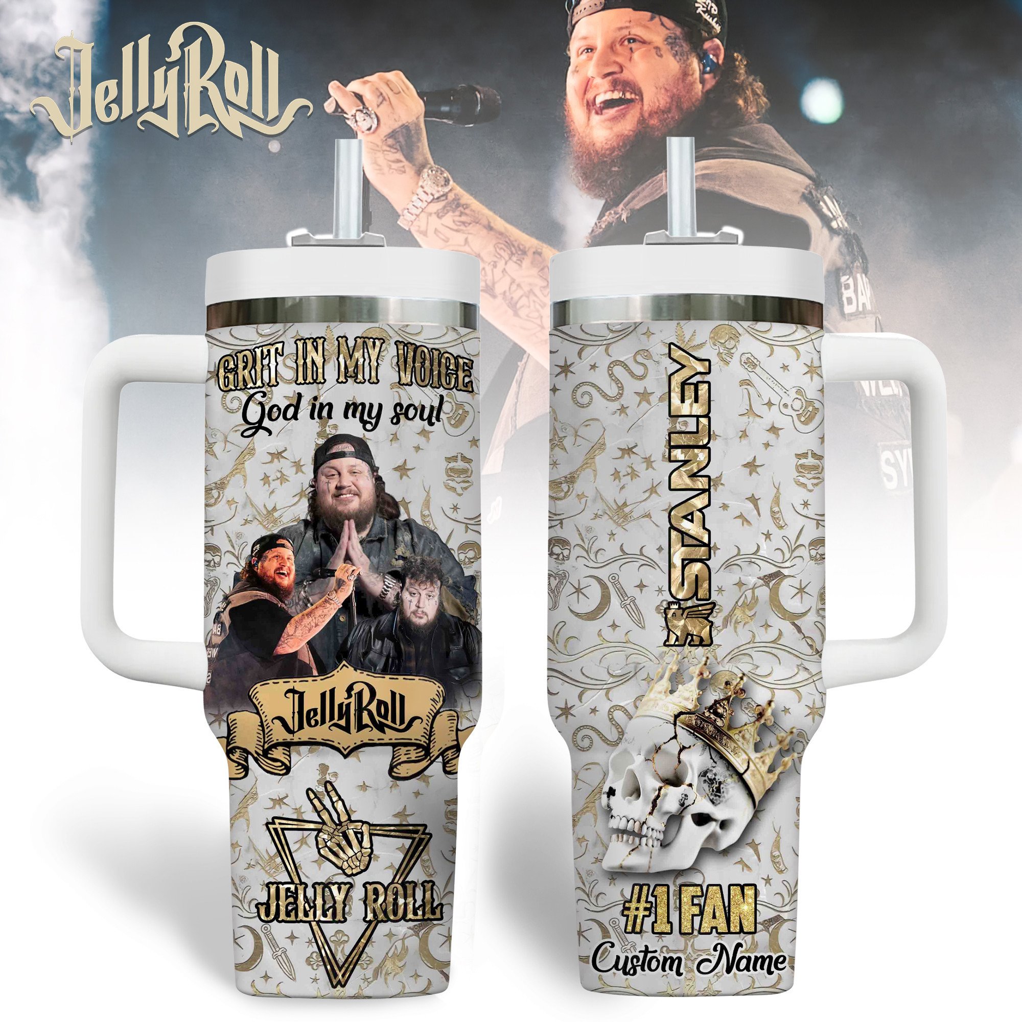 Hydratemerch Jelly Roll Music Custom Stanley Quencher 40oz Stainless Steel Tumbler With Handle