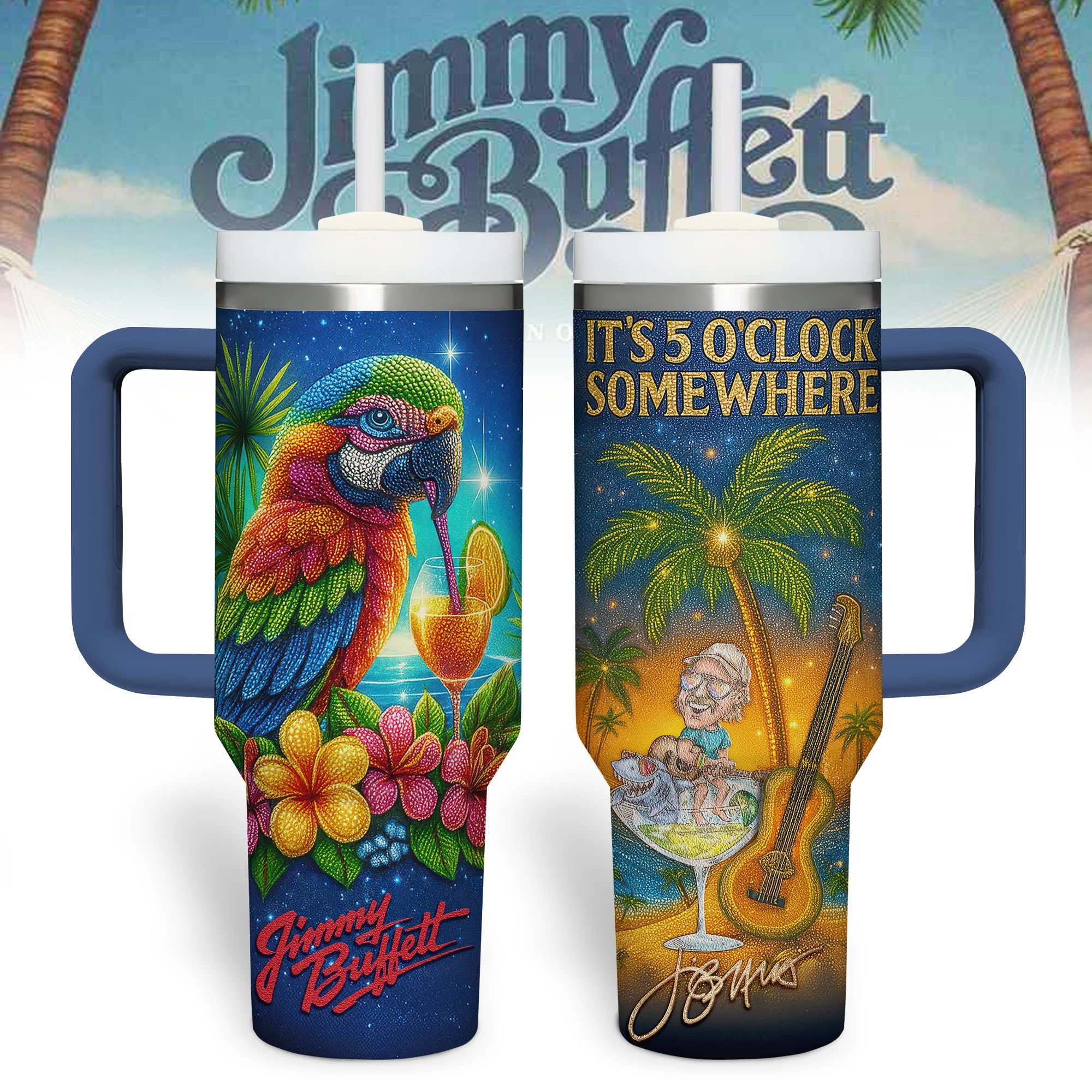 Hydratemerch Jimmy Buffett Music Custom Stanley Quencher 40oz Stainless Steel Tumbler With Handle