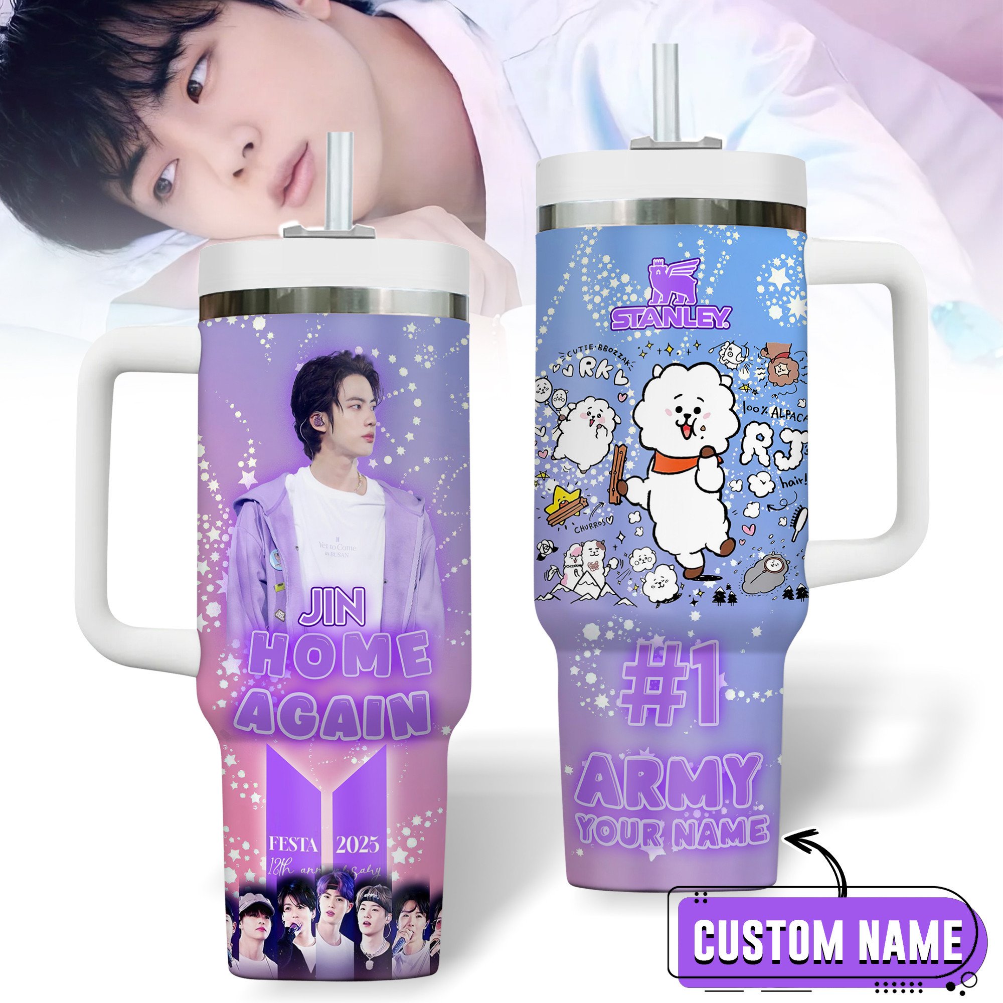 Hydratemerch Jin BTS Music Custom Stanley Quencher 40oz Stainless Steel Tumbler With Handle