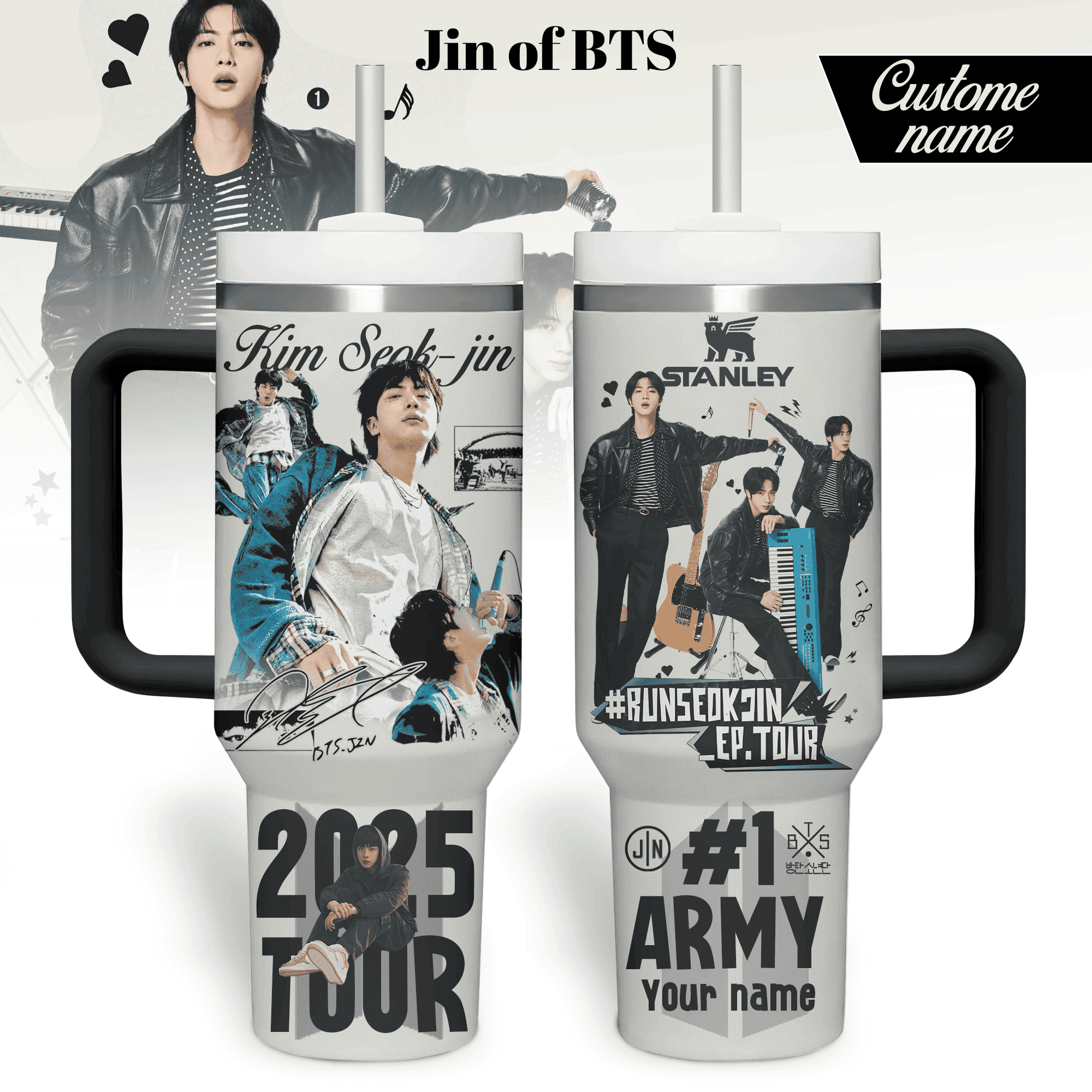 Hydratemerch Jin BTS Music Custom Stanley Quencher 40oz Stainless Steel Tumbler With Handle