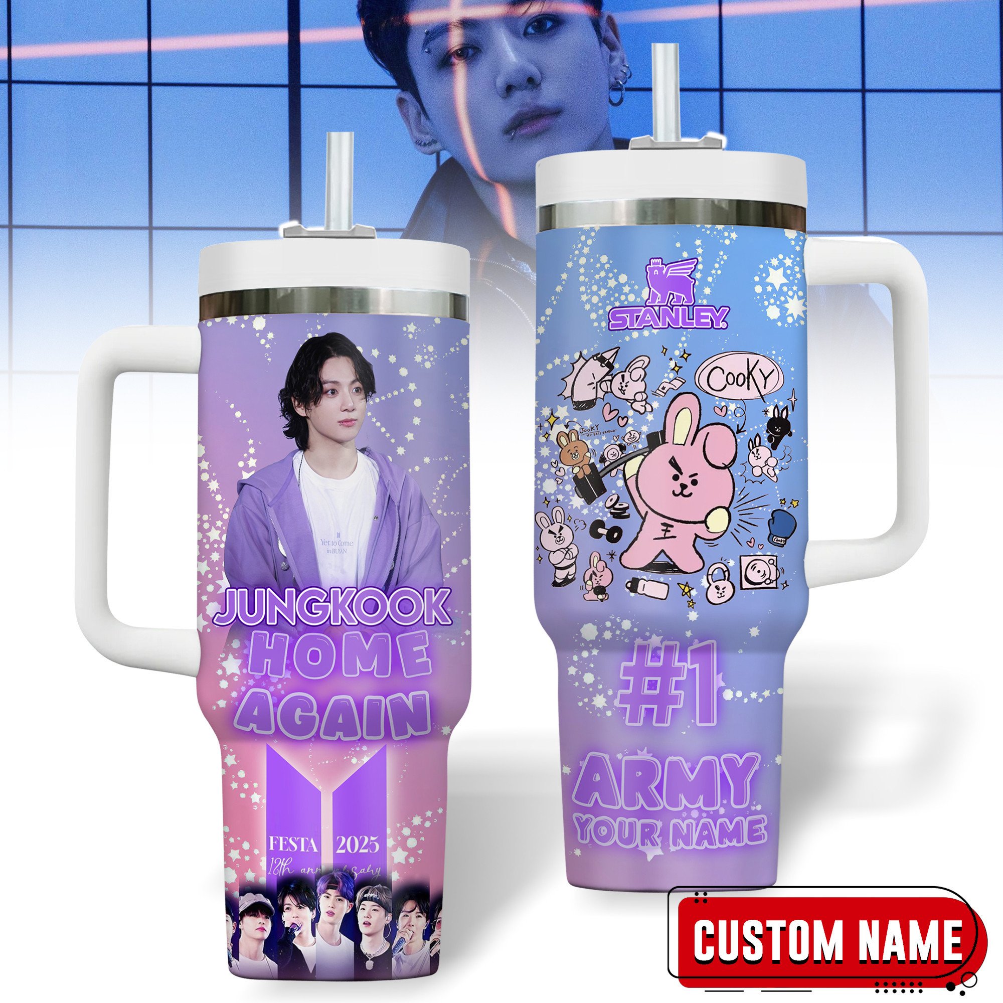 Hydratemerch Jungkook BTS Music Custom Stanley Quencher 40oz Stainless Steel Tumbler With Handle