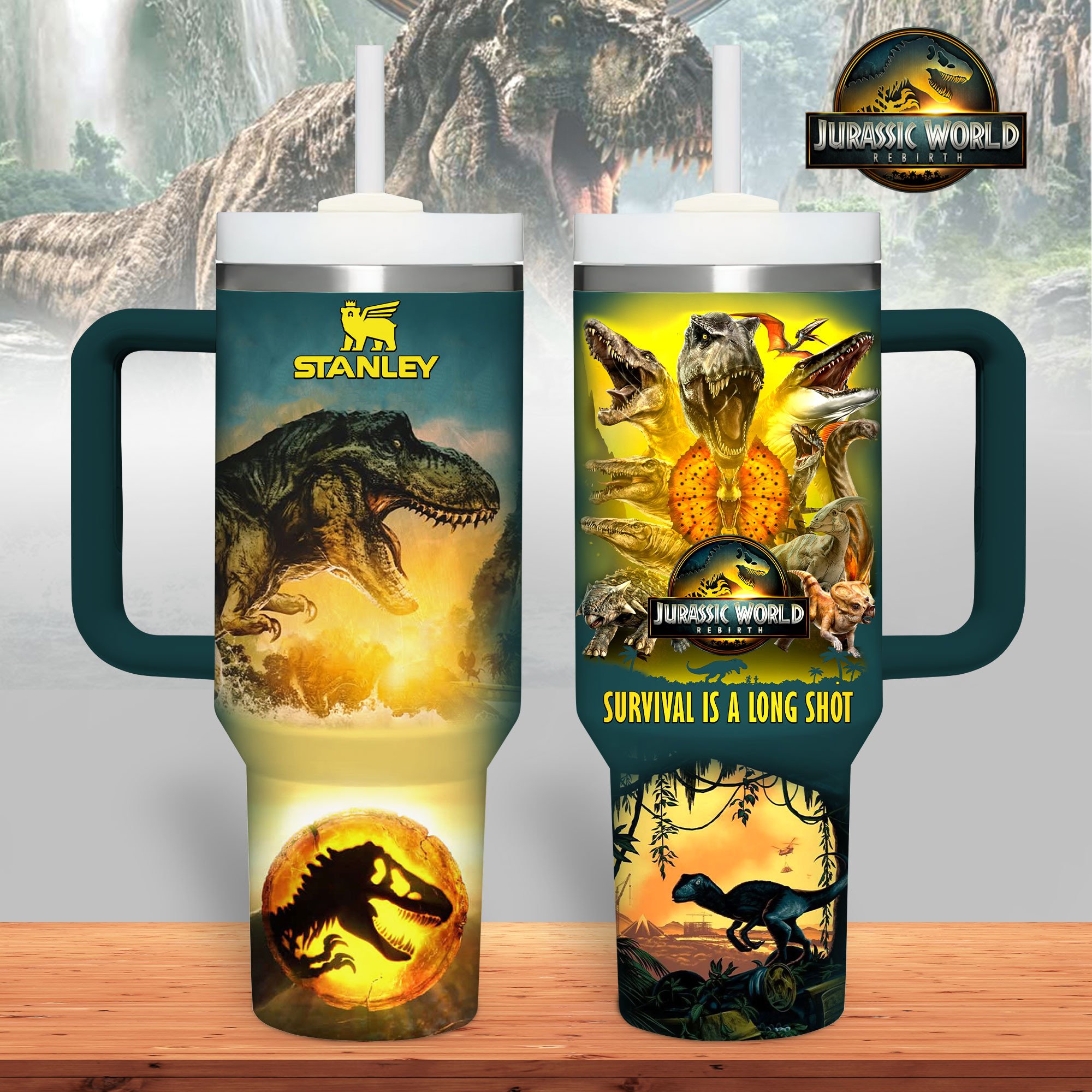 Hydratemerch Jurassic World Movies Custom Stanley Quencher 40oz Stainless Steel Tumbler With Handle