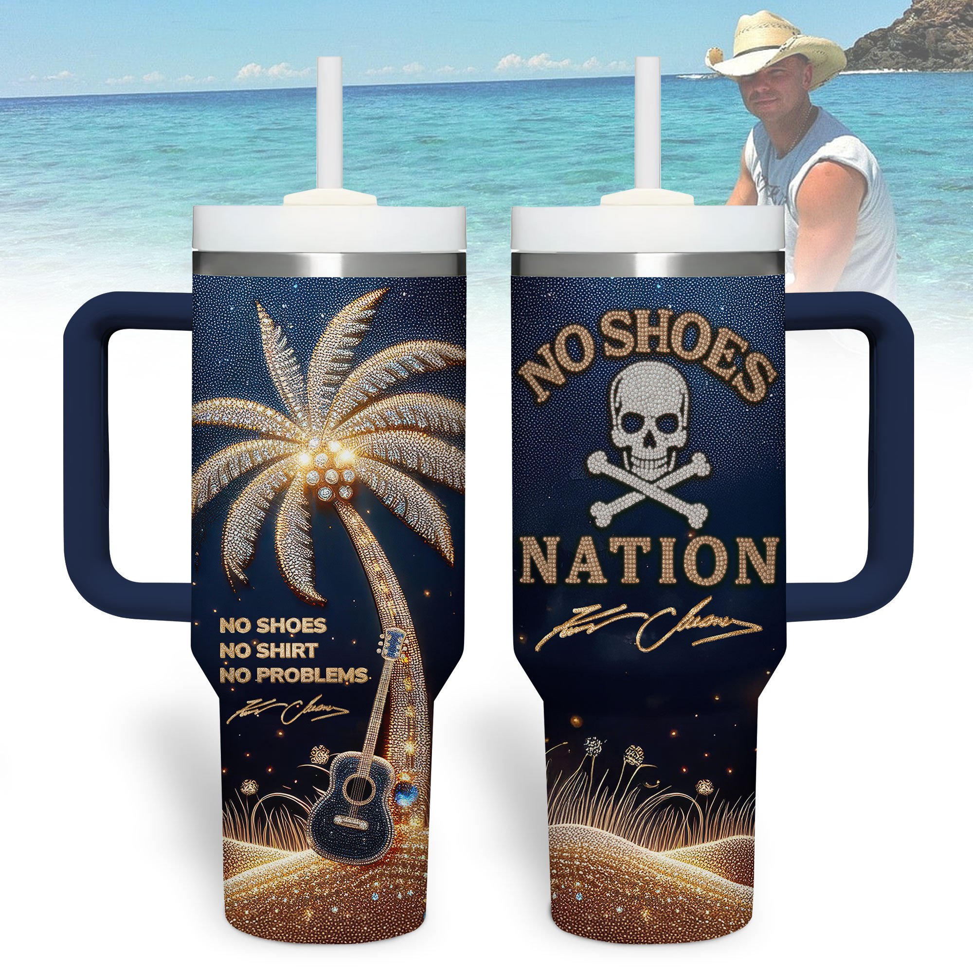 Hydratemerch Kenny Chesney Music Custom Stanley Quencher 40oz Stainless Steel Tumbler With Handle