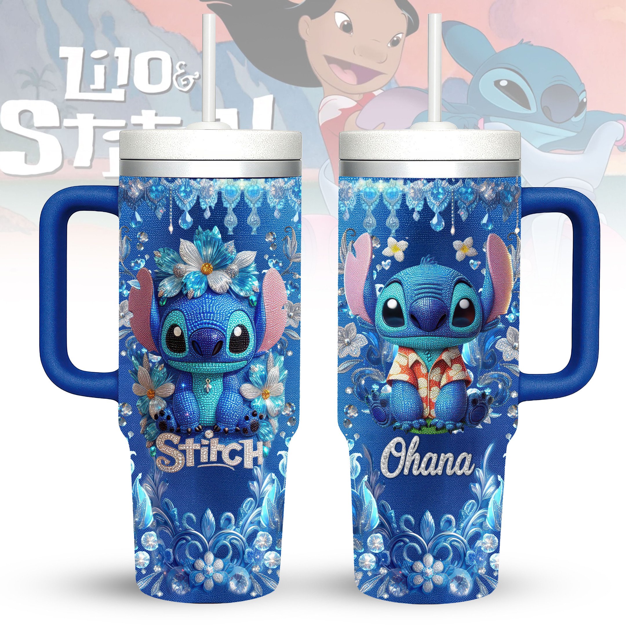 Hydratemerch Lilo And Stitch Cartoon Custom Stanley Quencher 40oz Stainless Steel Tumbler With Handle