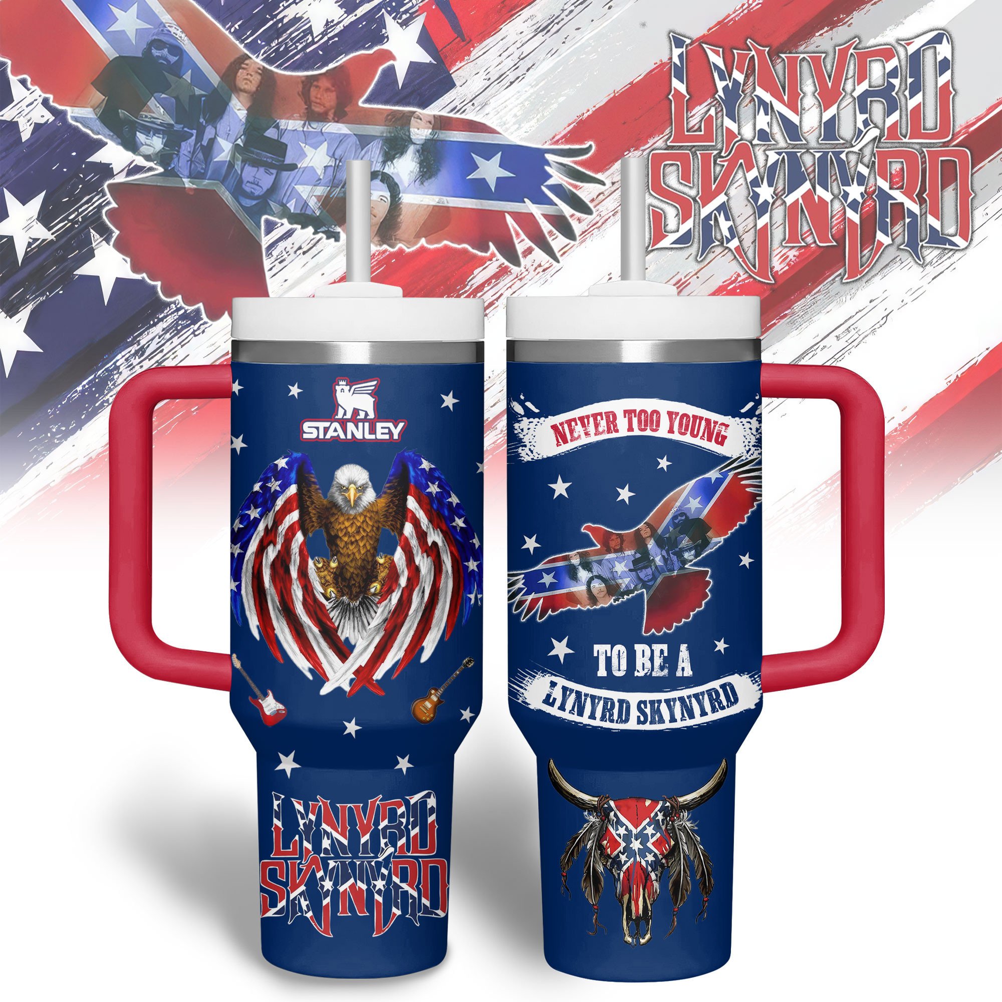 Hydratemerch Lynyrd Skynyrd Music Custom Stanley Quencher 40oz Stainless Steel Tumbler With Handle