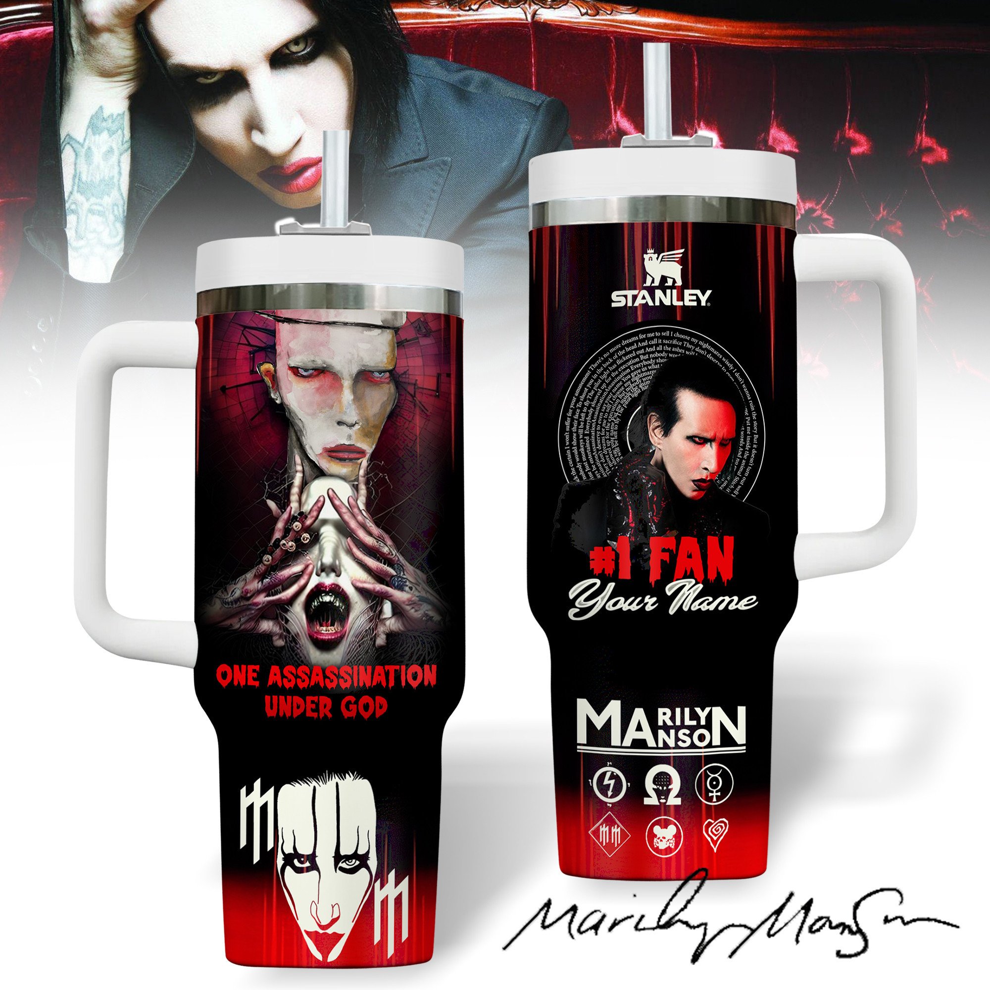 Hydratemerch Marilyn Manson Music Custom Stanley Quencher 40oz Stainless Steel Tumbler With Handle