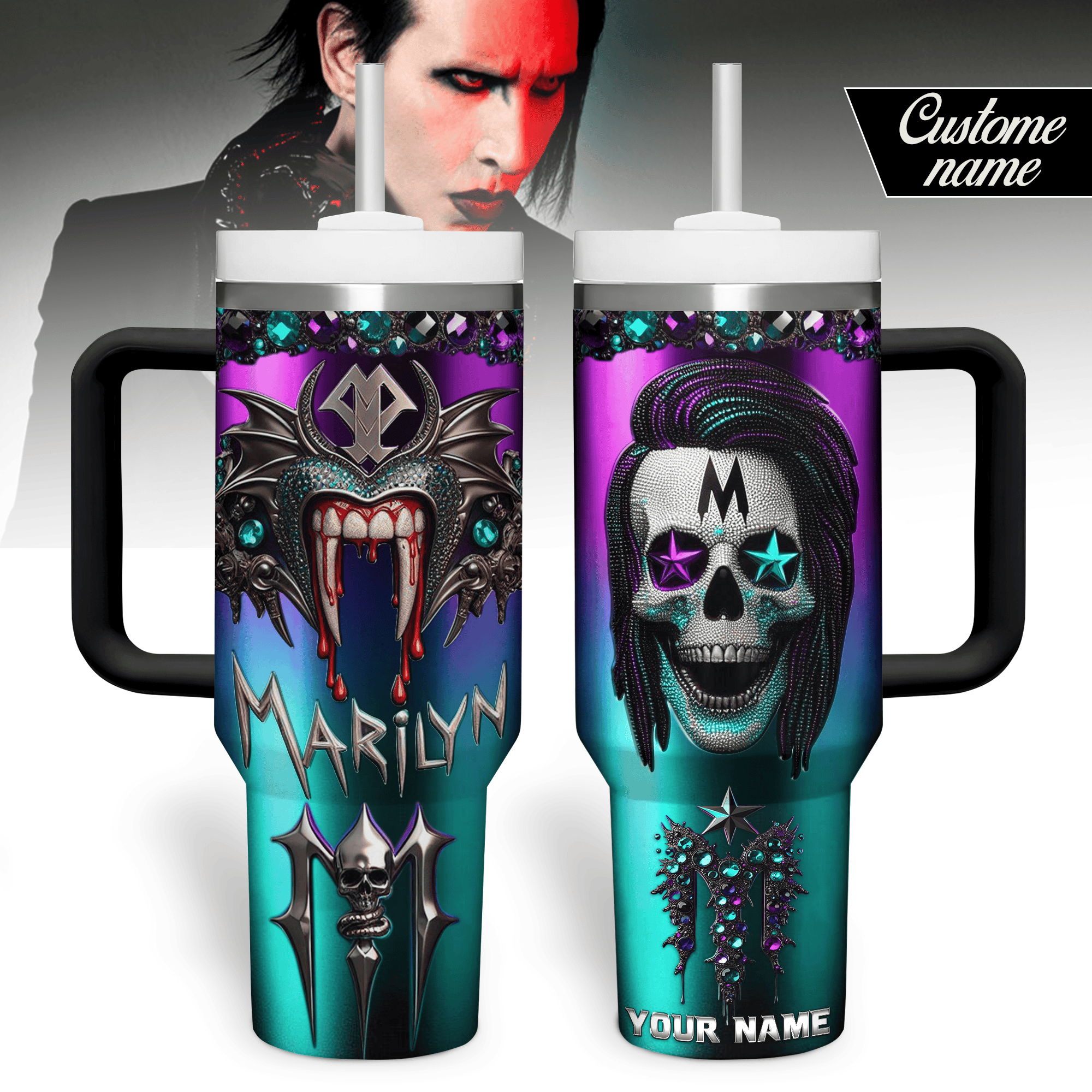 Hydratemerch Marilyn Manson Music Custom Stanley Quencher 40oz Stainless Steel Tumbler With Handle