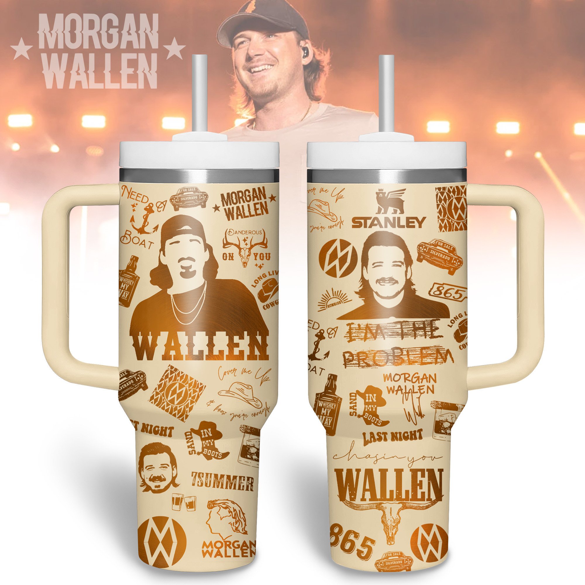 Hydratemerch Morgan Wallen Music Custom Stanley Quencher 40oz Stainless Steel Tumbler With Handle