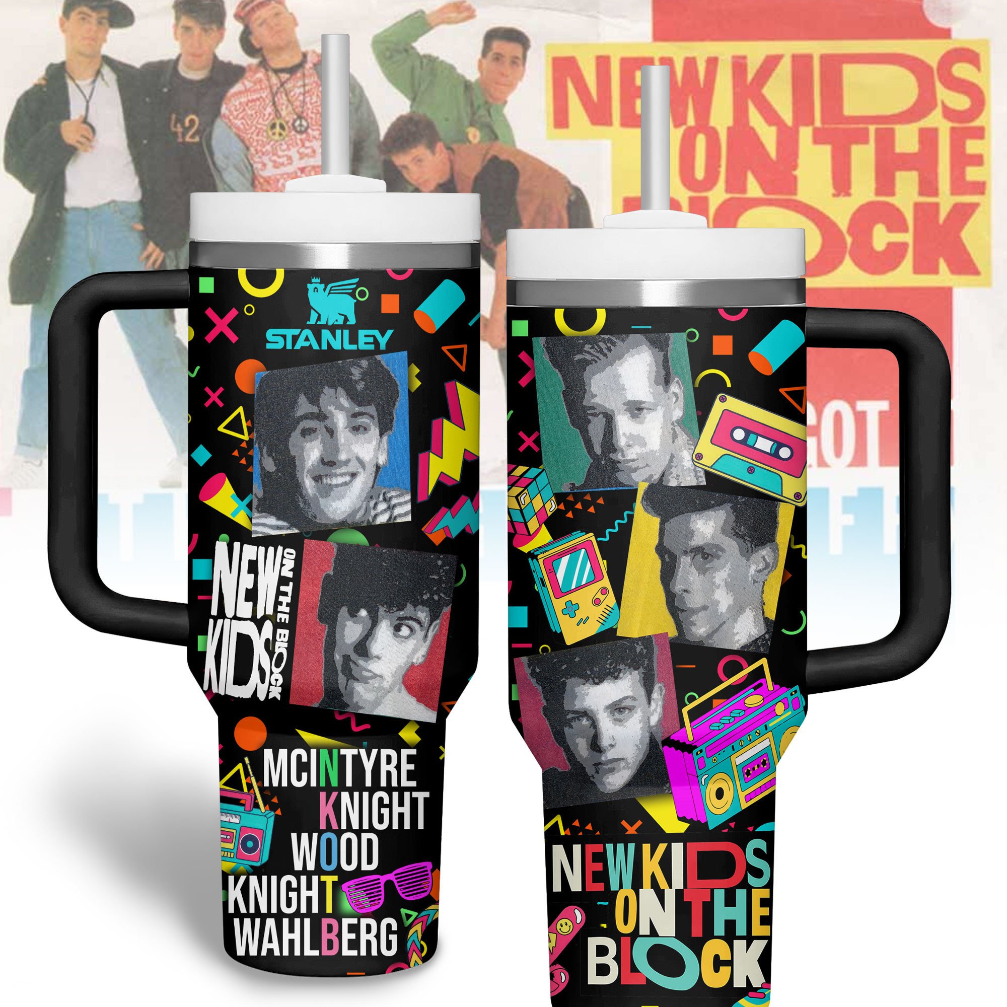 Hydratemerch New Kids on the Block Music Custom Stanley Quencher 40oz Stainless Steel Tumbler With Handle