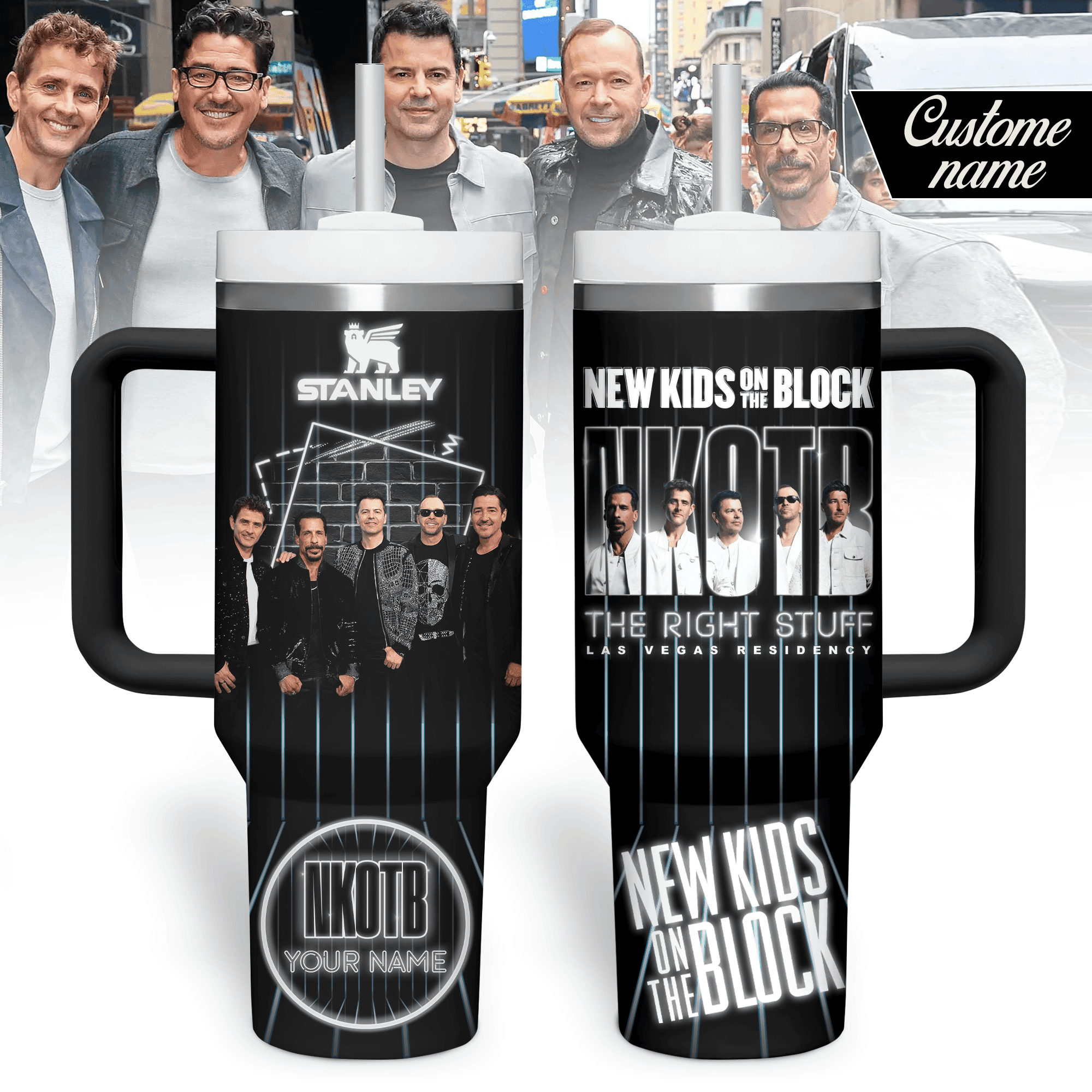 Hydratemerch New Kids on the Block Music Custom Stanley Quencher 40oz Stainless Steel Tumbler With Handle