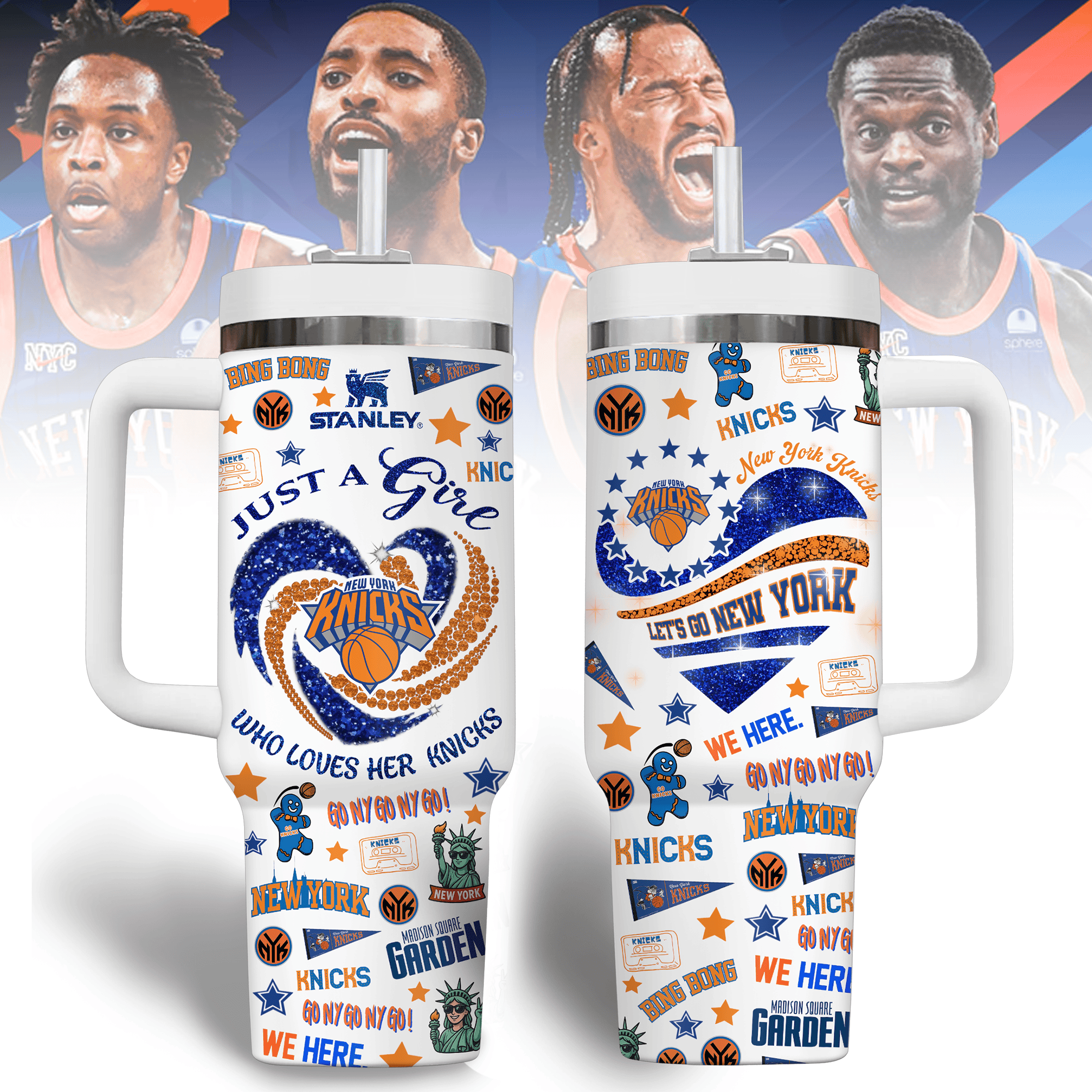 Hydratemerch New York Knicks NBA Custom Stanley Quencher 40oz Stainless Steel Tumbler With Handle