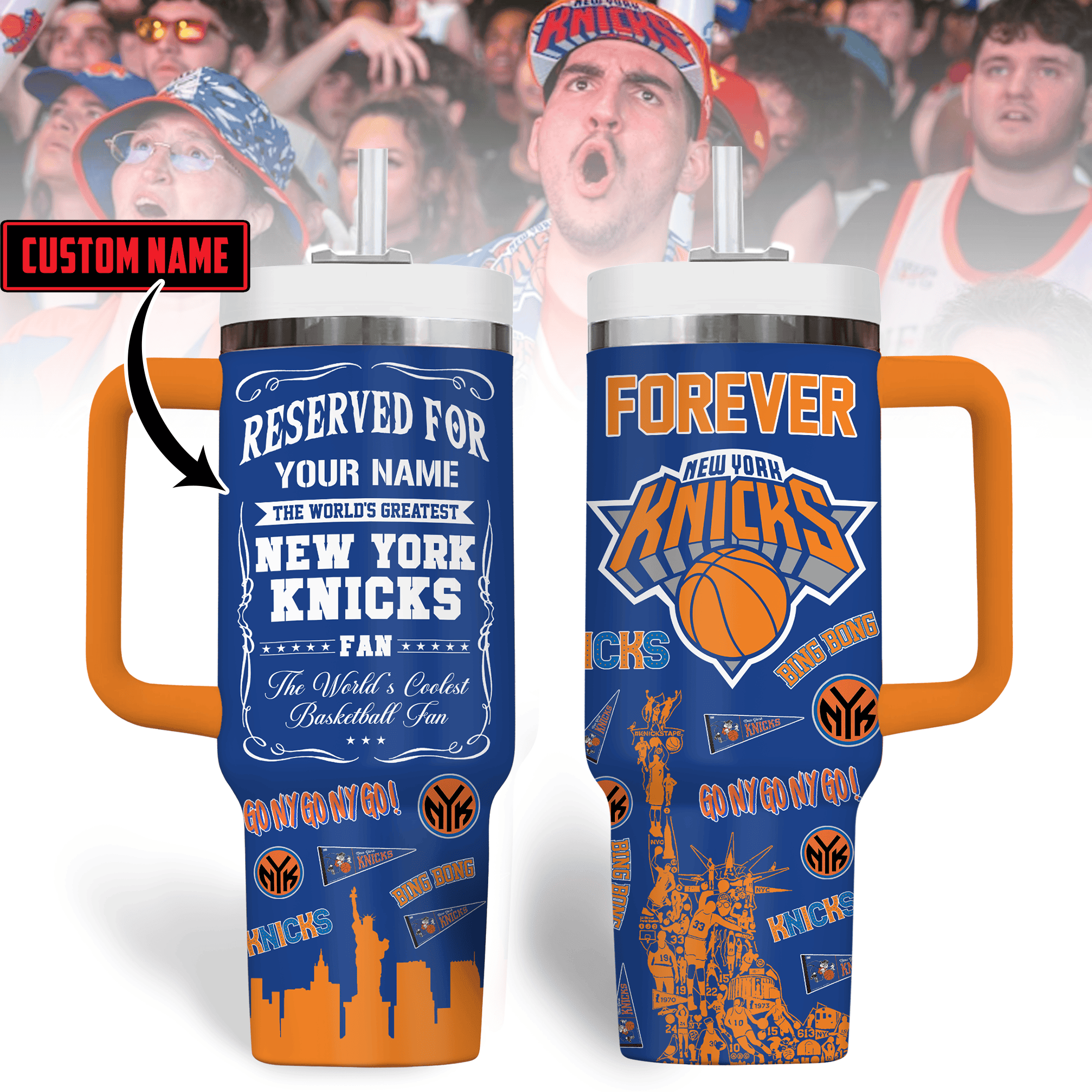 Hydratemerch New York Knicks NBA Custom Stanley Quencher 40oz Stainless Steel Tumbler With Handle