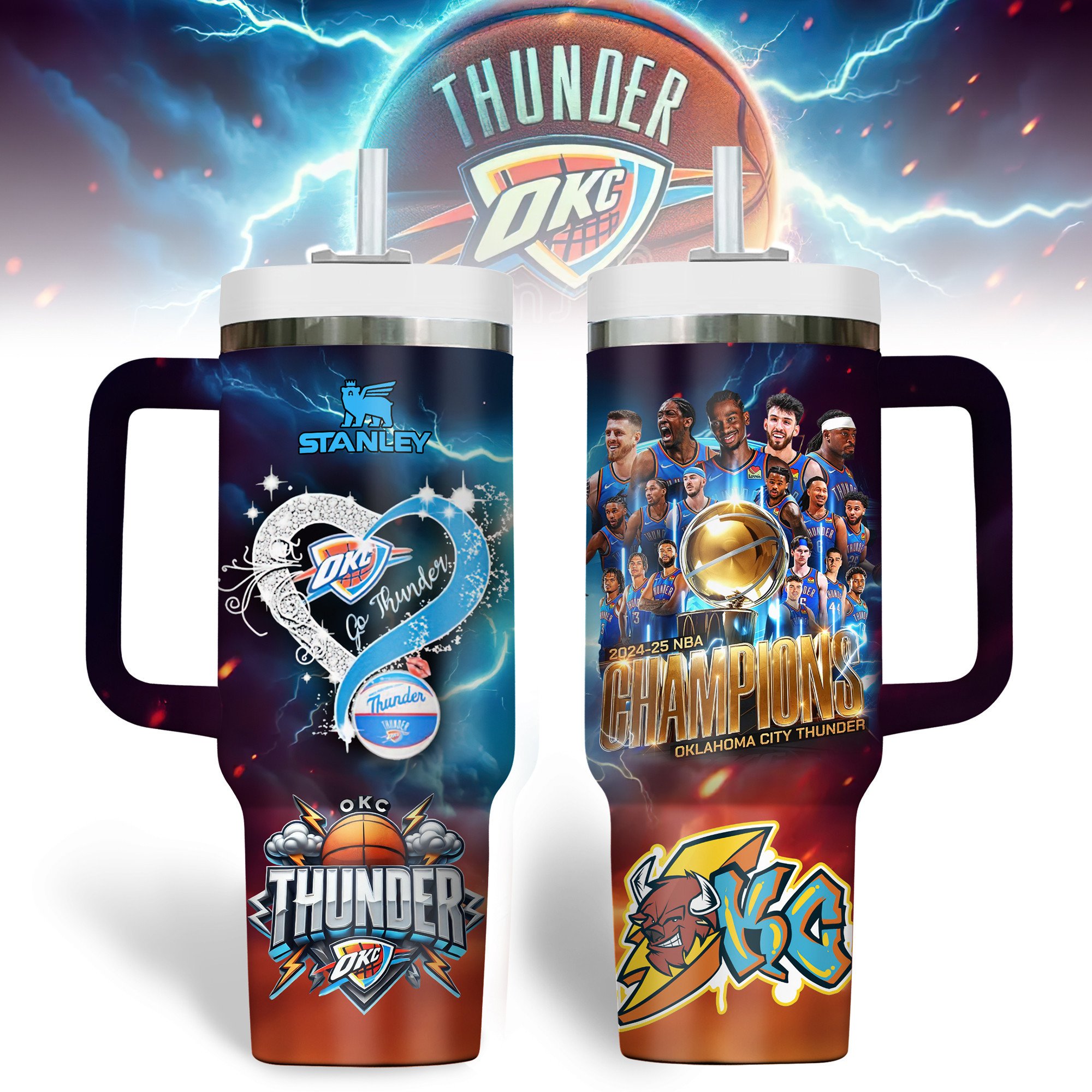 Hydratemerch Oklahoma City Thunder NBA Custom Stanley Quencher 40oz Stainless Steel Tumbler With Handle
