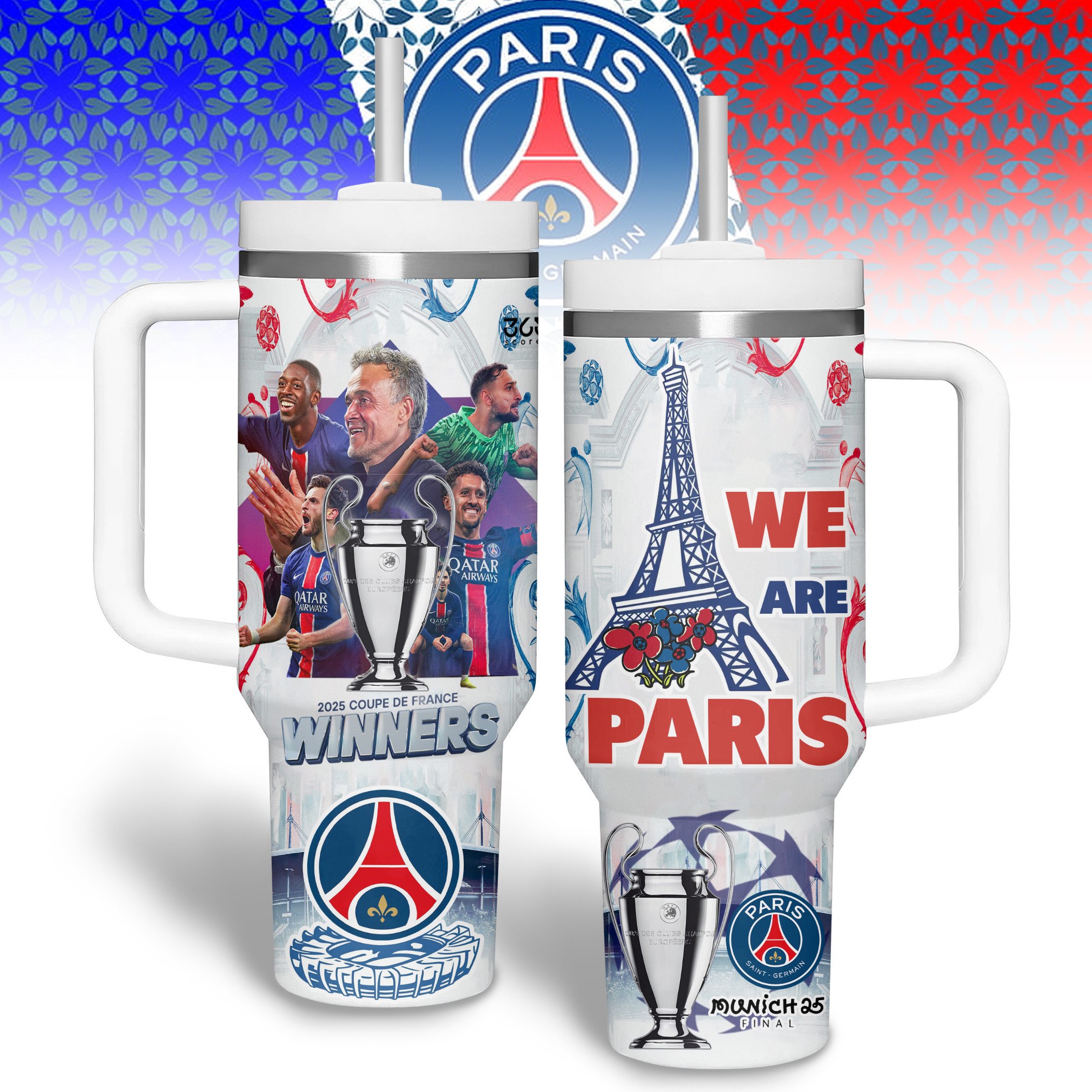 Hydratemerch Paris Saint-Germain F.C. Sports Custom Stanley Quencher 40oz Stainless Steel Tumbler With Handle