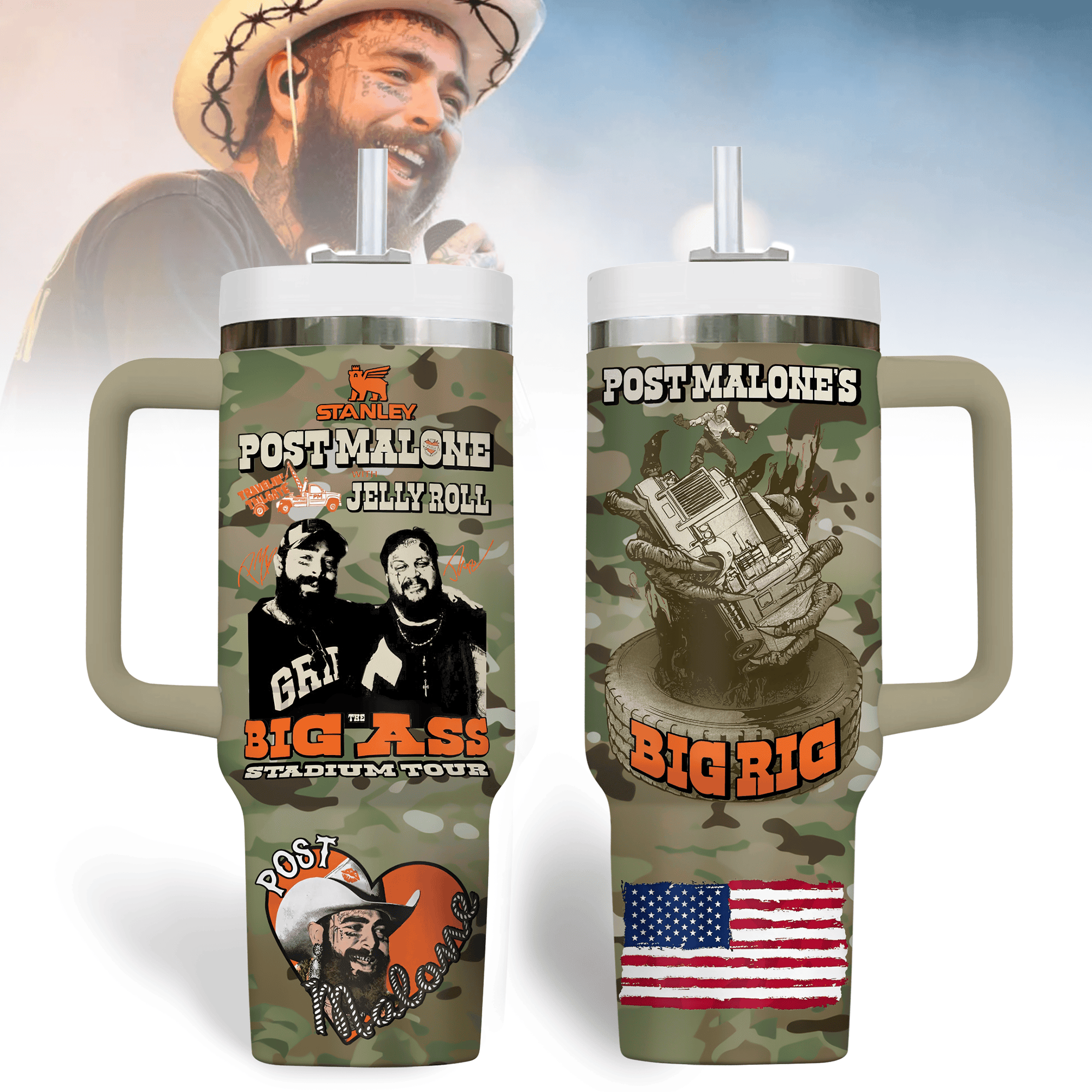 Hydratemerch Post Malone Music Custom Stanley Quencher 40oz Stainless Steel Tumbler With Handle