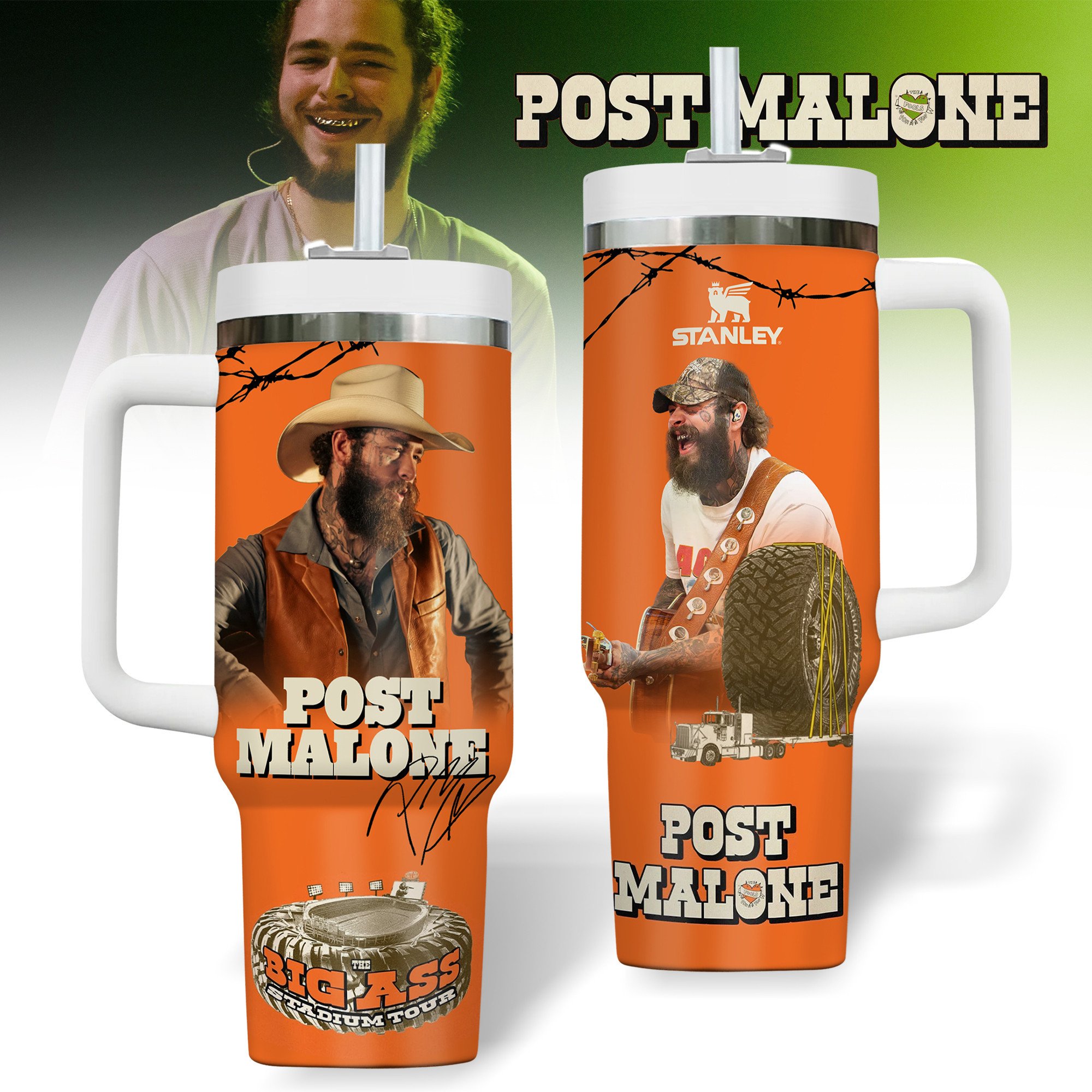 Hydratemerch Post Malone Music Custom Stanley Quencher 40oz Stainless Steel Tumbler With Handle