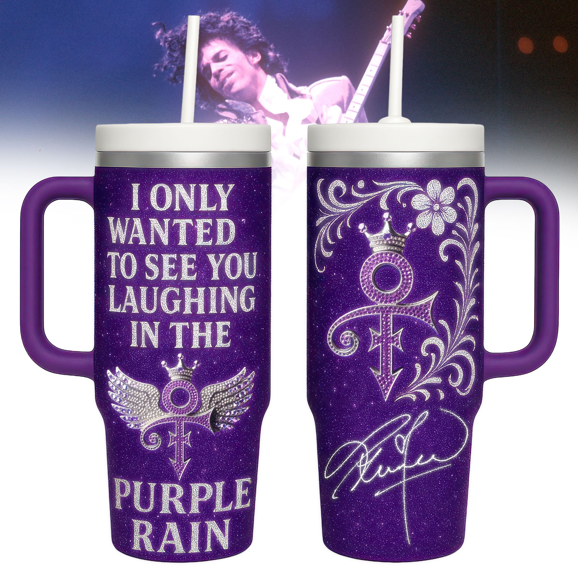Hydratemerch Prince Music Custom Stanley Quencher 40oz Stainless Steel Tumbler With Handle