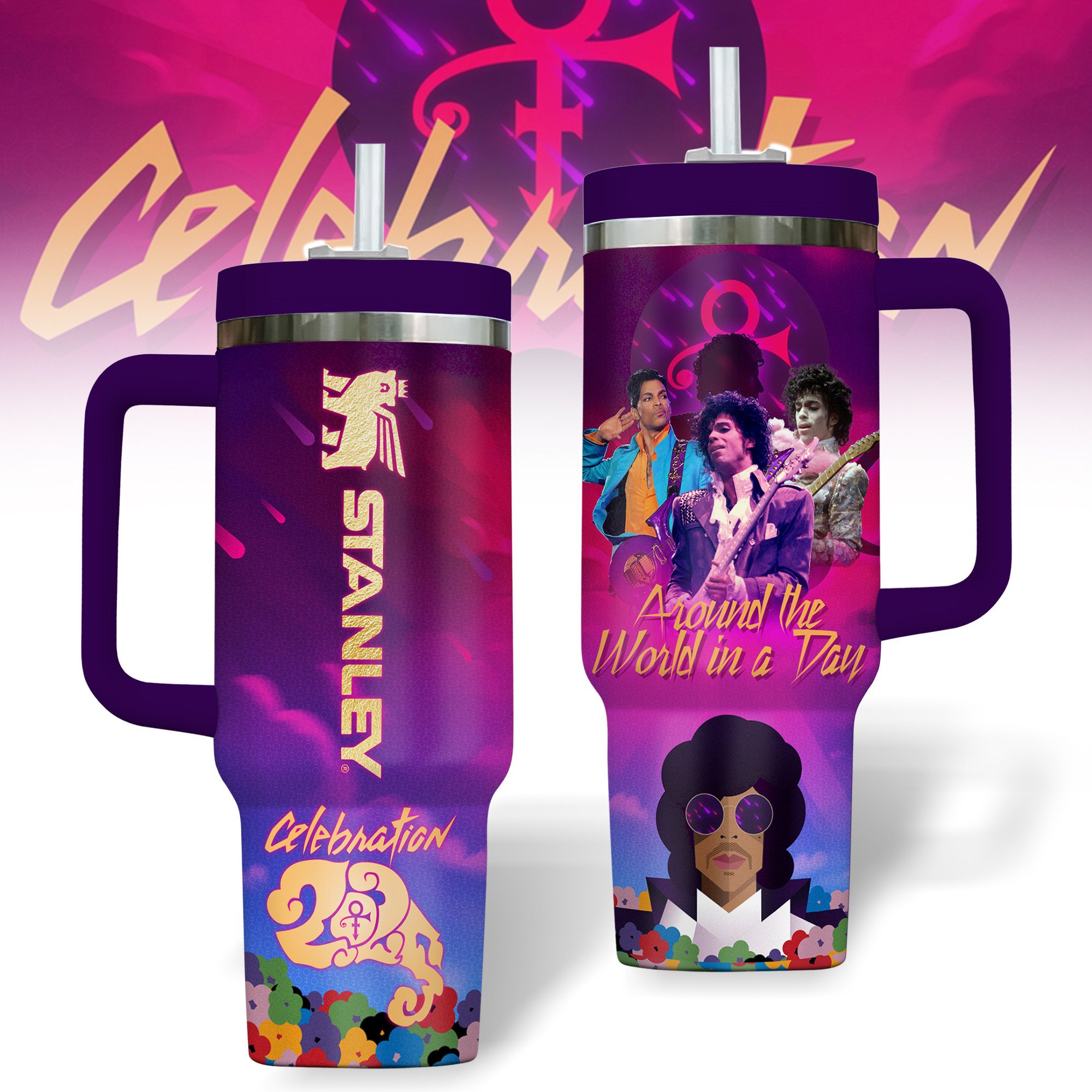 Hydratemerch Prince Music Custom Stanley Quencher 40oz Stainless Steel Tumbler With Handle