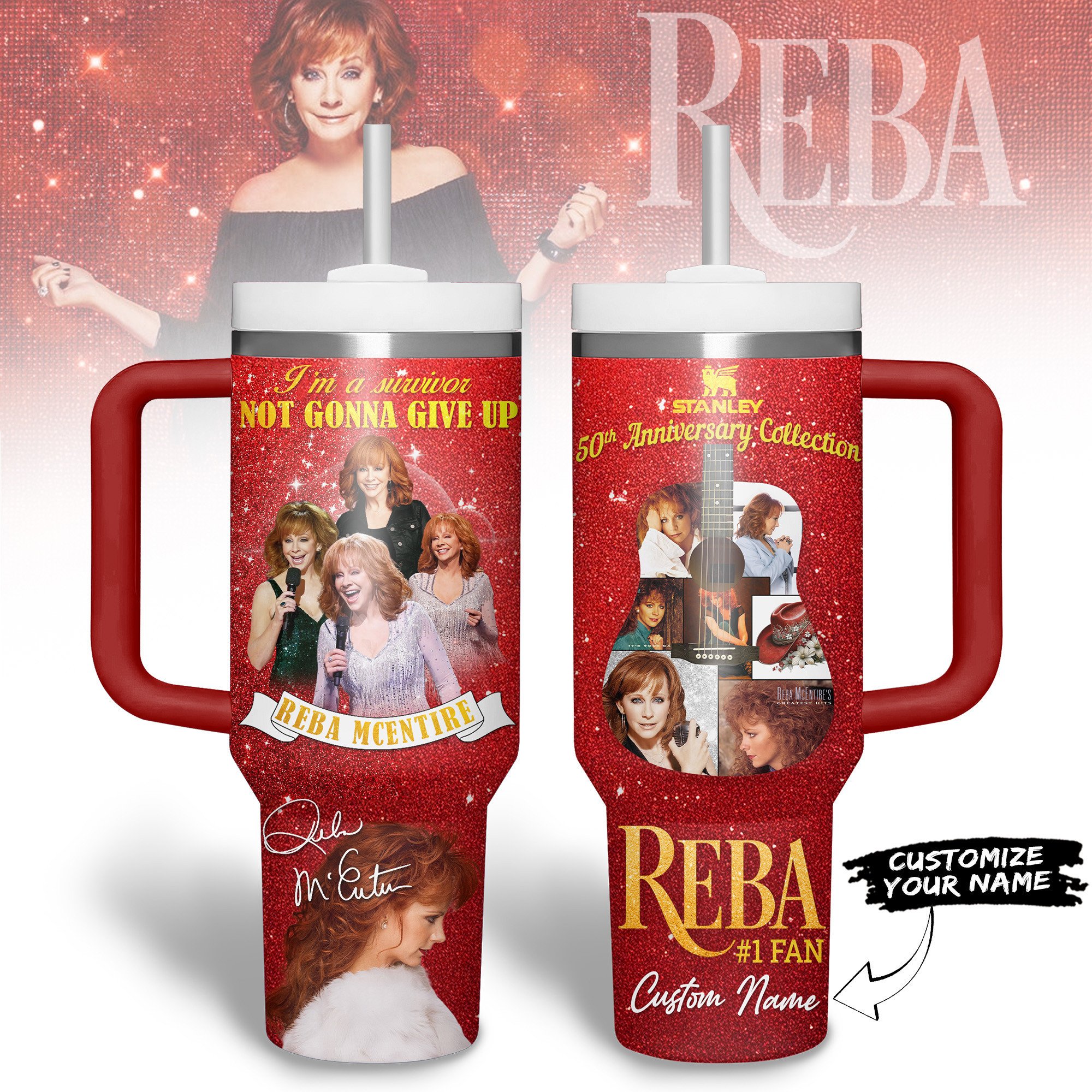 Hydratemerch Reba McEntire Music Custom Stanley Quencher 40oz Stainless Steel Tumbler With Handle