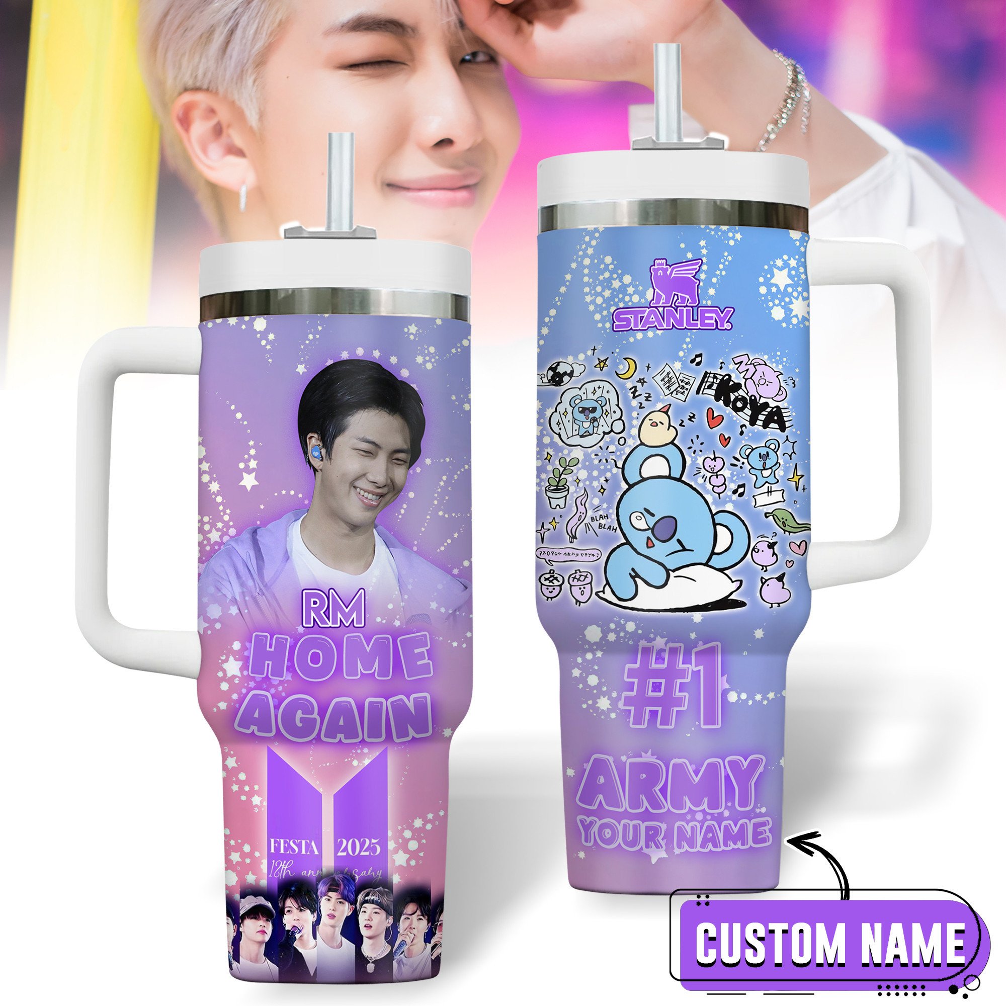 Hydratemerch RM BTS Music Custom Stanley Quencher 40oz Stainless Steel Tumbler With Handle