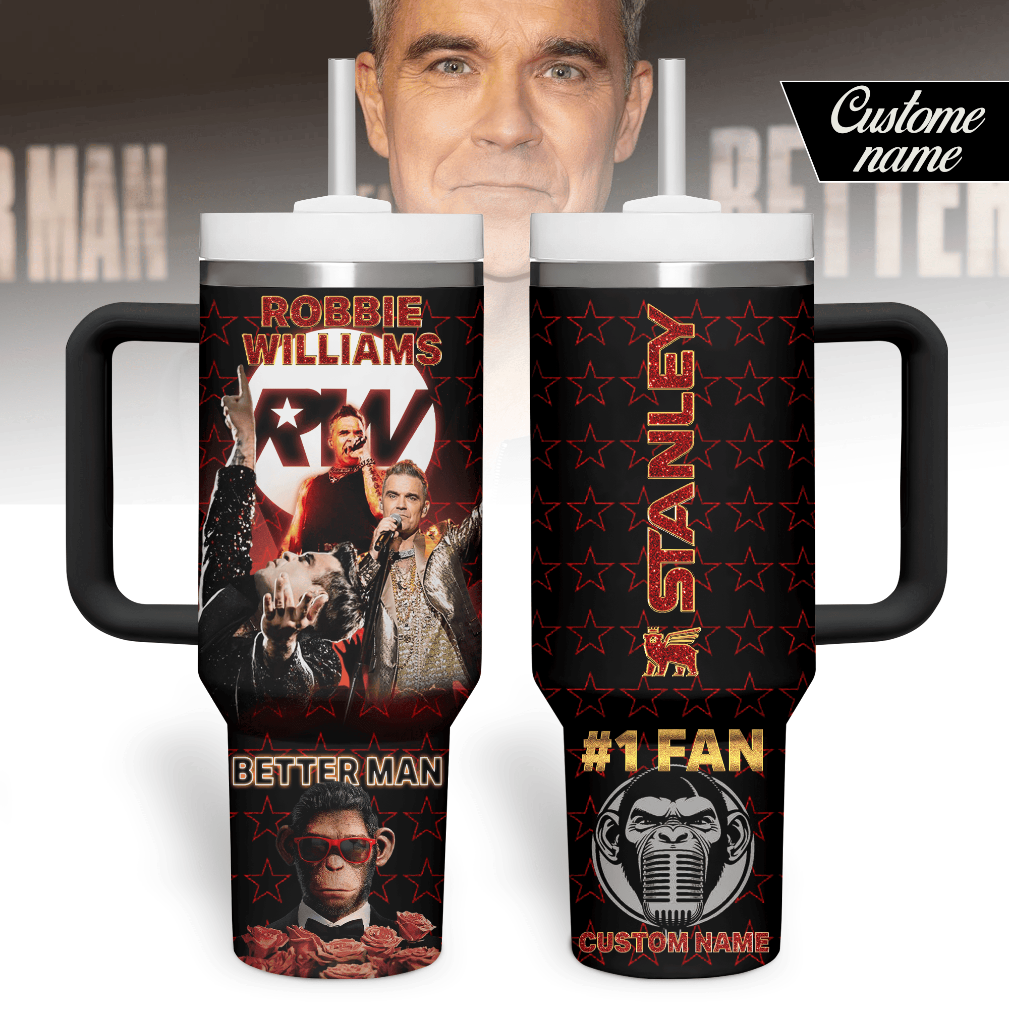 Hydratemerch Robbie Williams Music Custom Stanley Quencher 40oz Stainless Steel Tumbler With Handle