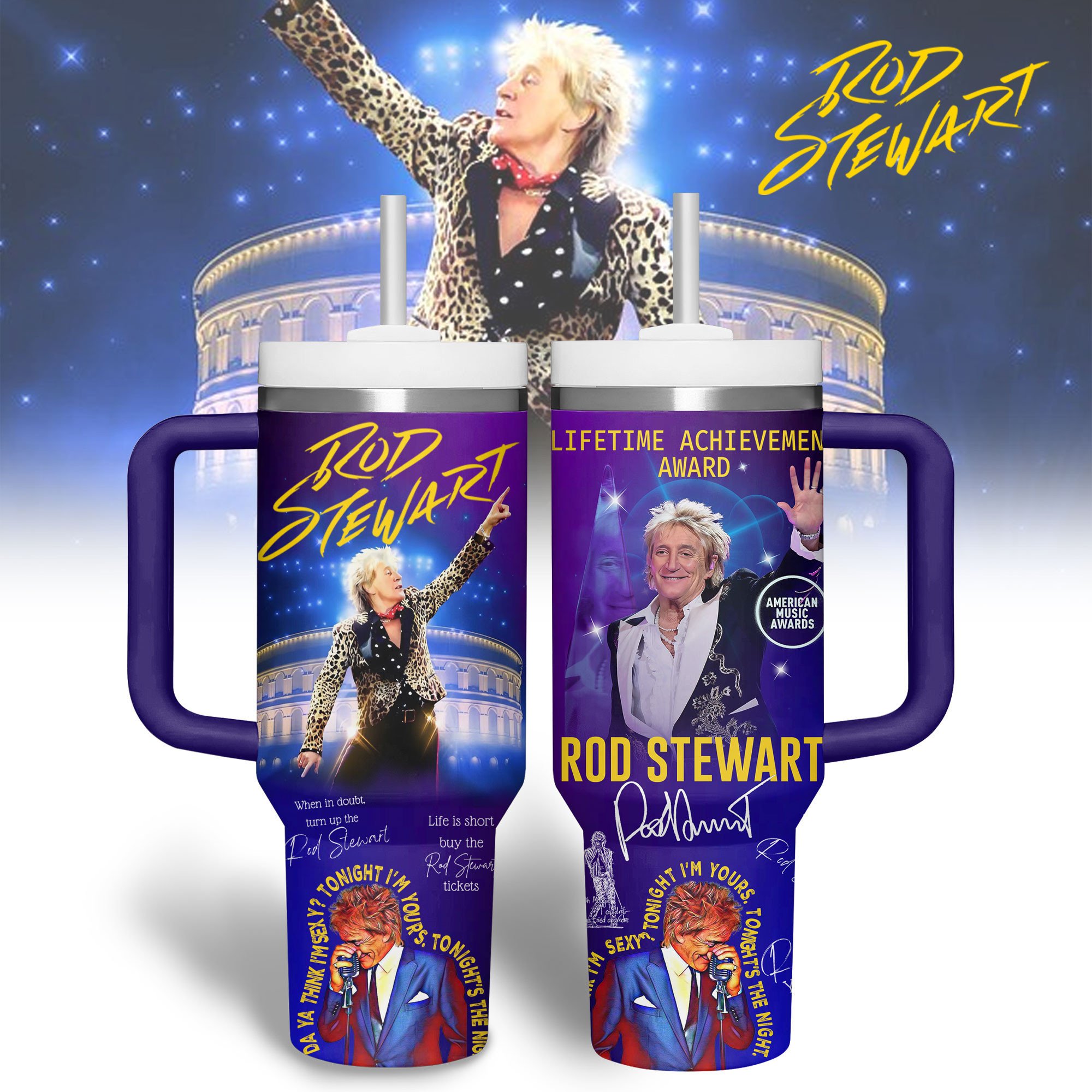 Hydratemerch Rod Stewart Music Custom Stanley Quencher 40oz Stainless Steel Tumbler With Handle
