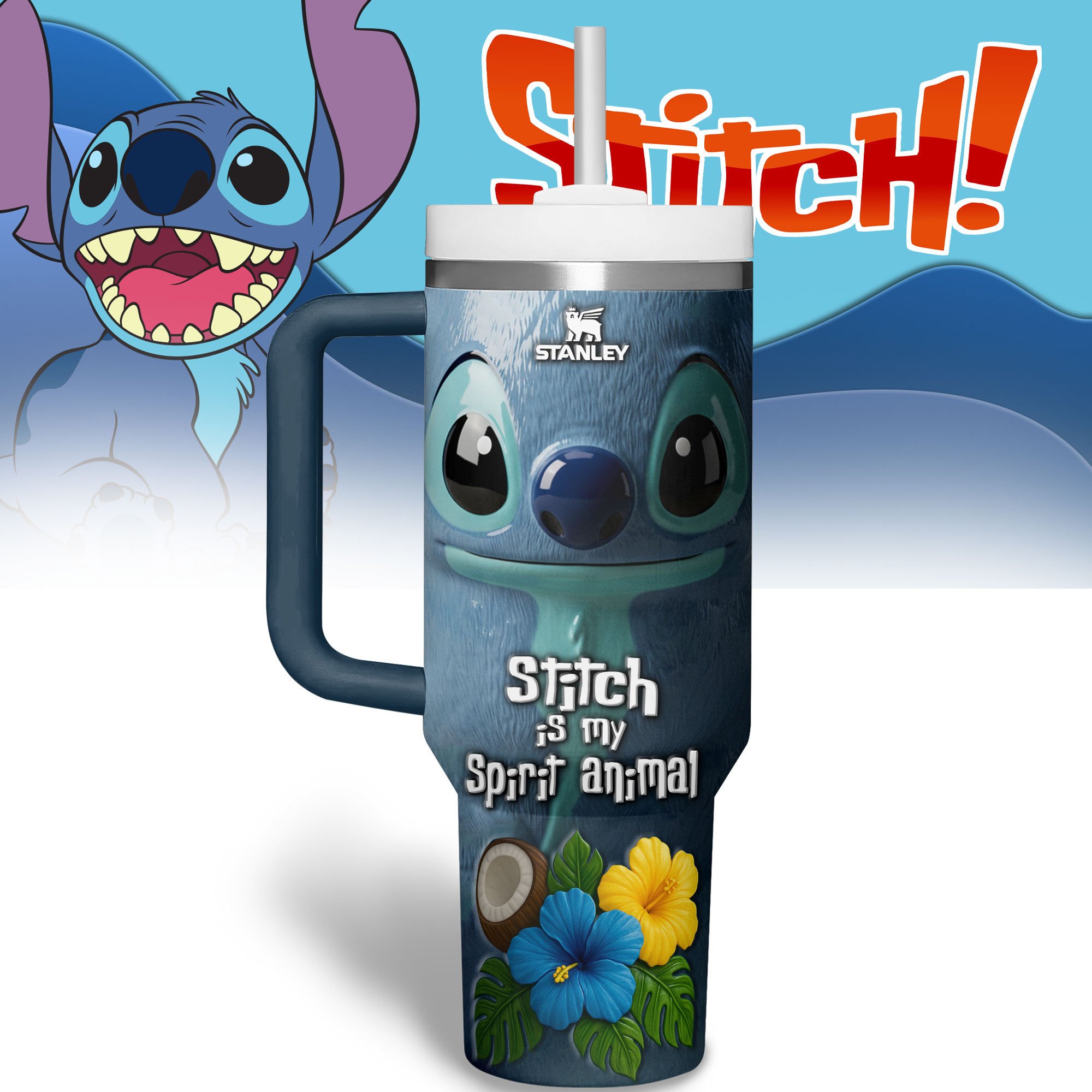 Hydratemerch Stitch Cartoon Custom Stanley Quencher 40oz Stainless Steel Tumbler With Handle