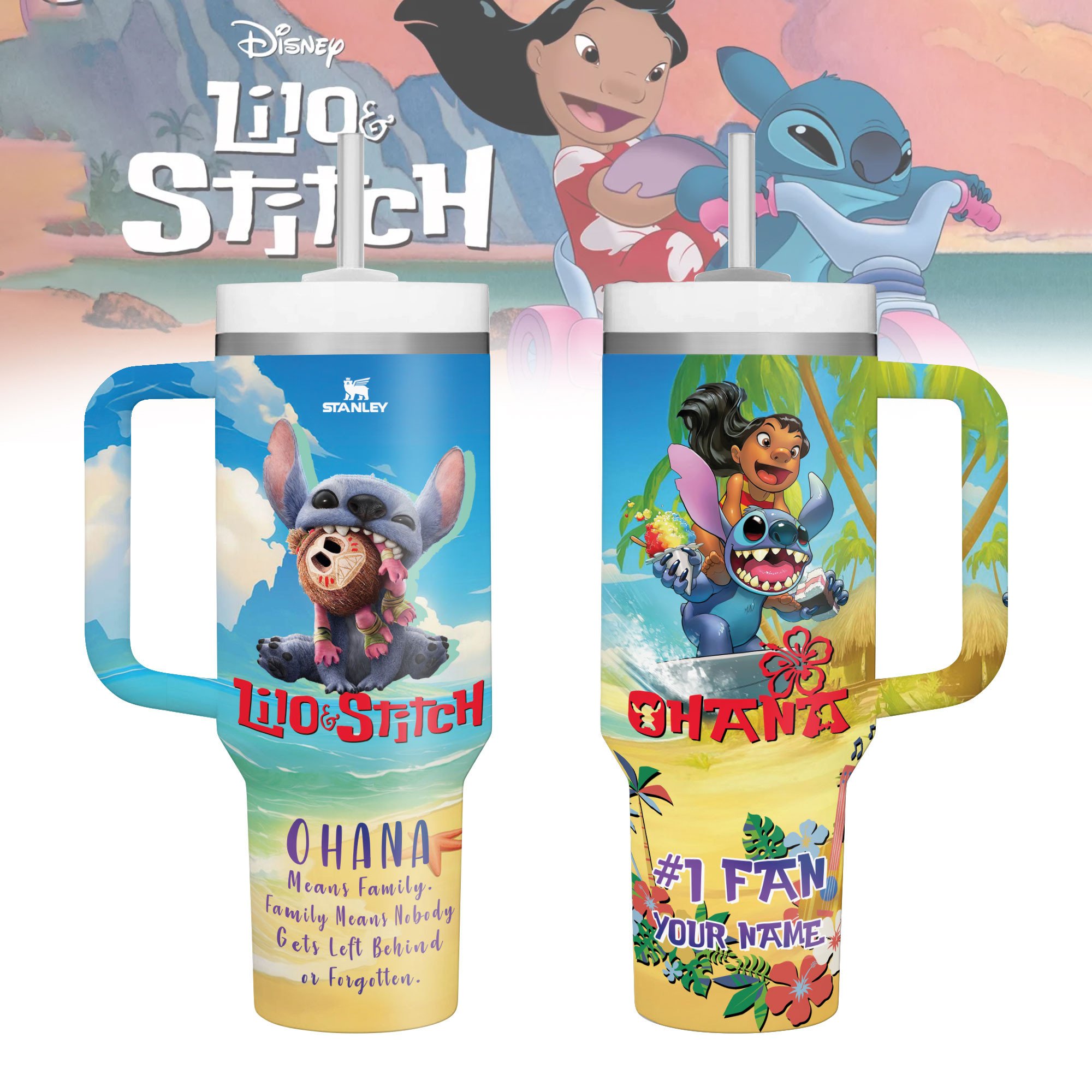 Hydratemerch Stitch Cartoon Custom Stanley Quencher 40oz Stainless Steel Tumbler With Handle