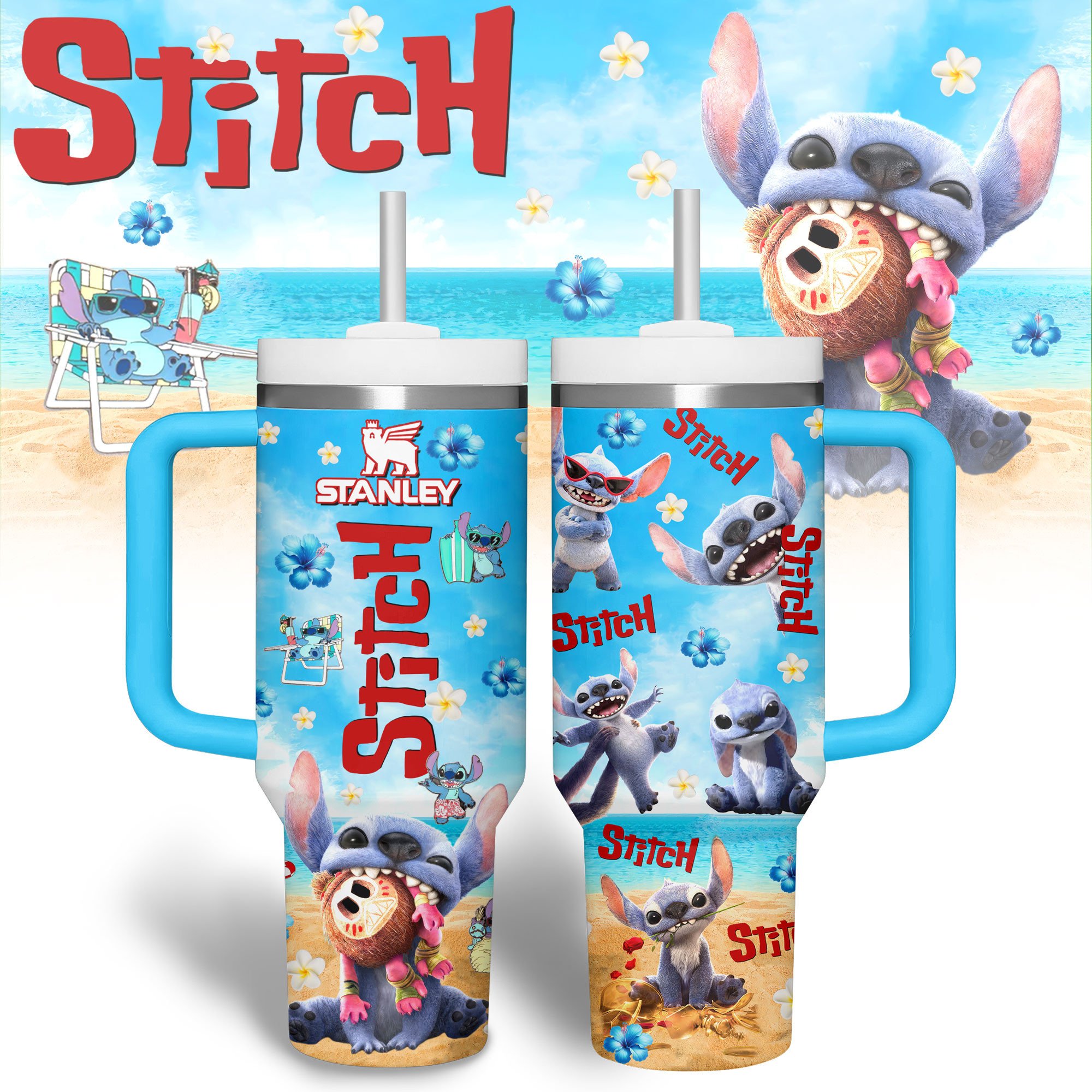 Hydratemerch Stitch Cartoon Custom Stanley Quencher 40oz Stainless Steel Tumbler With Handle