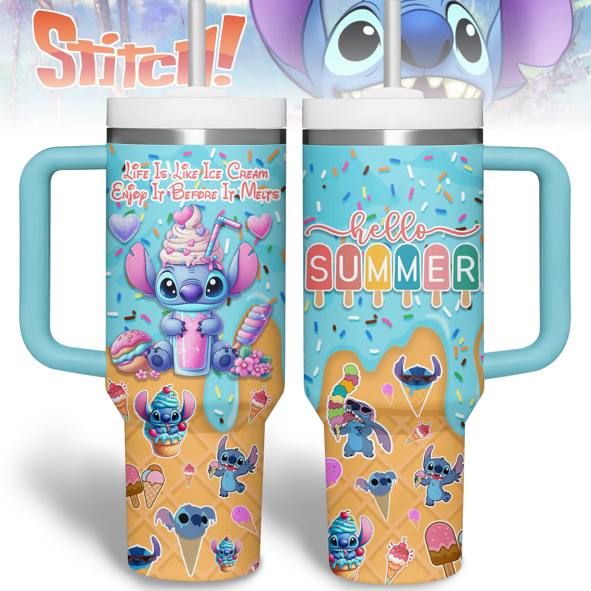 Hydratemerch Stitch Cartoon Custom Stanley Quencher 40oz Stainless Steel Tumbler With Handle