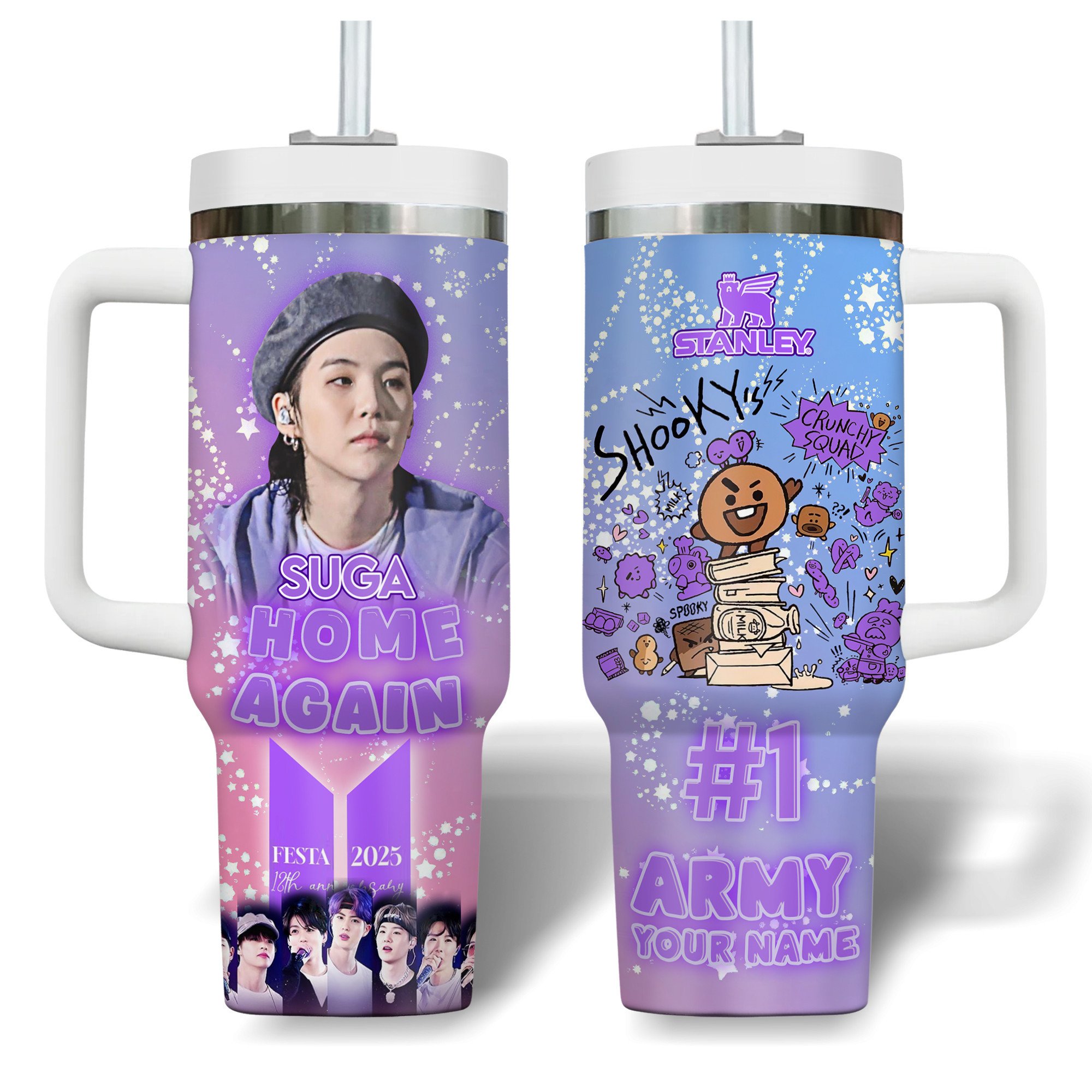 Hydratemerch Suga BTS Music Custom Stanley Quencher 40oz Stainless Steel Tumbler With Handle