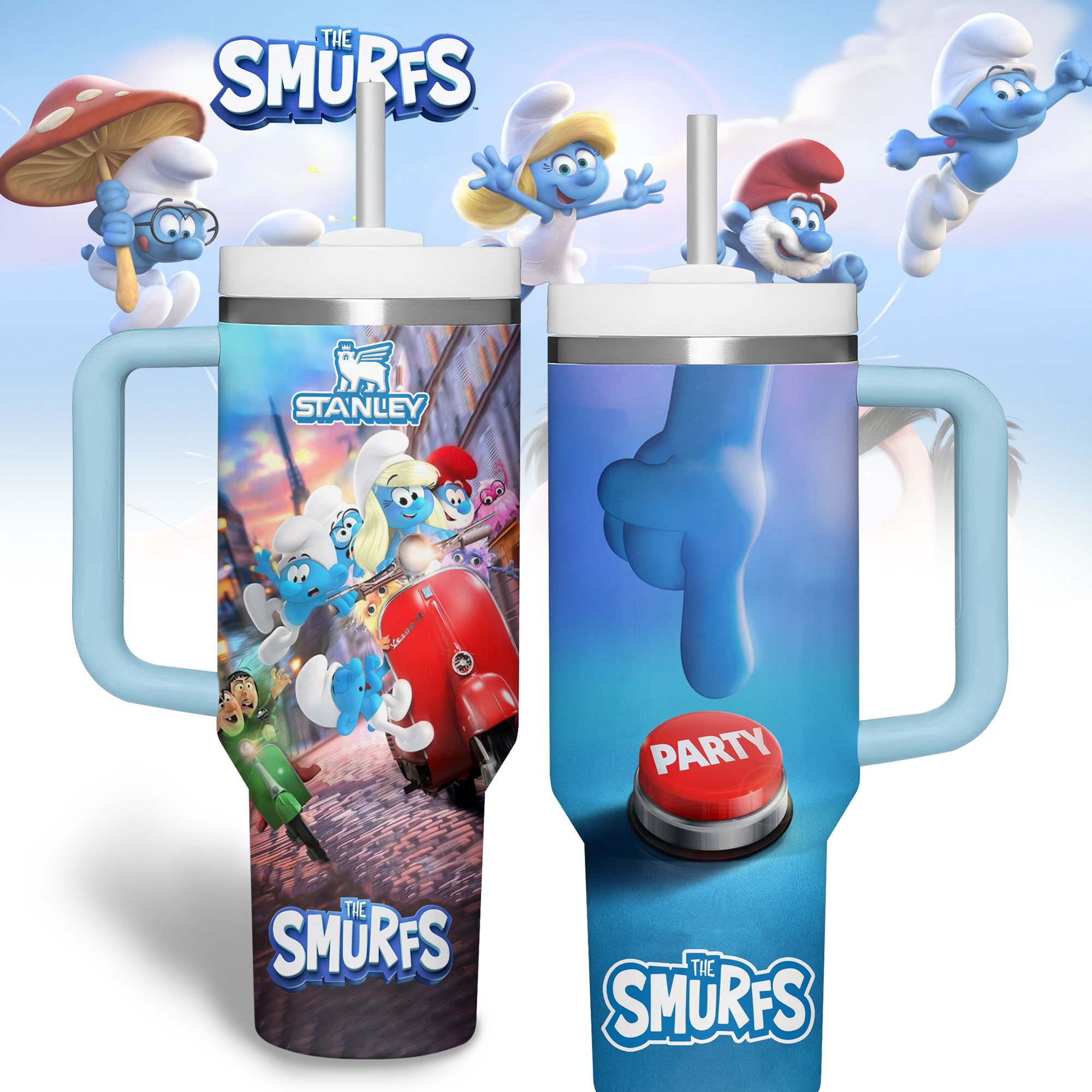 Hydratemerch The Smurfs Cartoon Custom Stanley Quencher 40oz Stainless Steel Tumbler With Handle