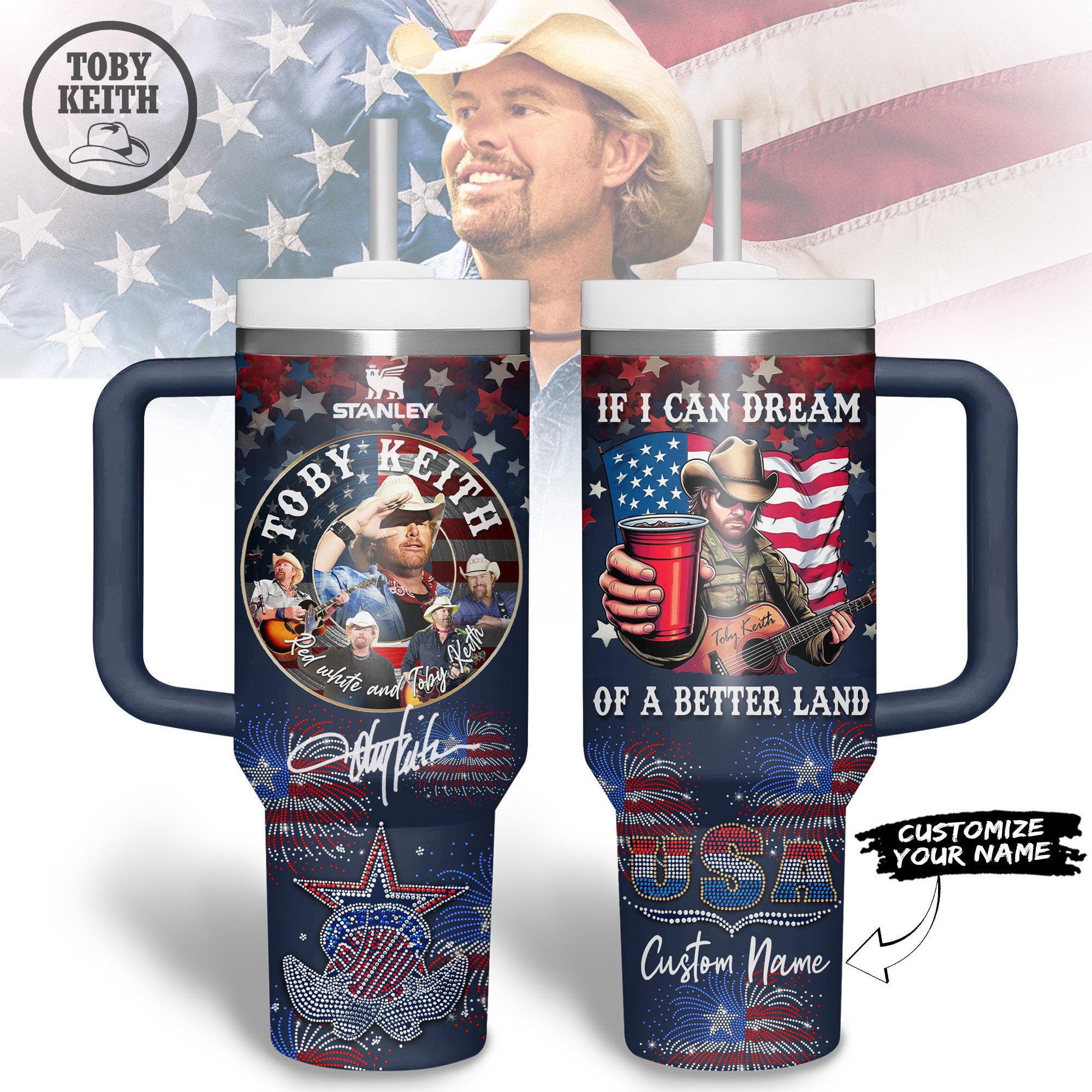 Hydratemerch Toby Keith Music Custom Stanley Quencher 40oz Stainless Steel Tumbler With Handle