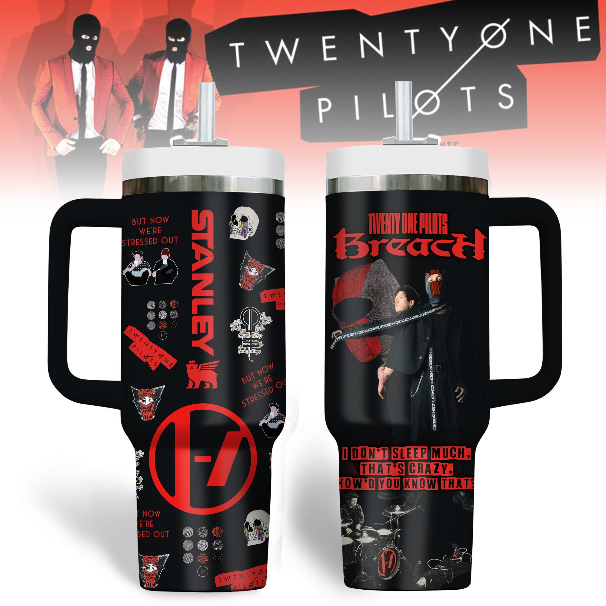Hydratemerch Twenty One Pilots Music Custom Stanley Quencher 40oz Stainless Steel Tumbler With Handle