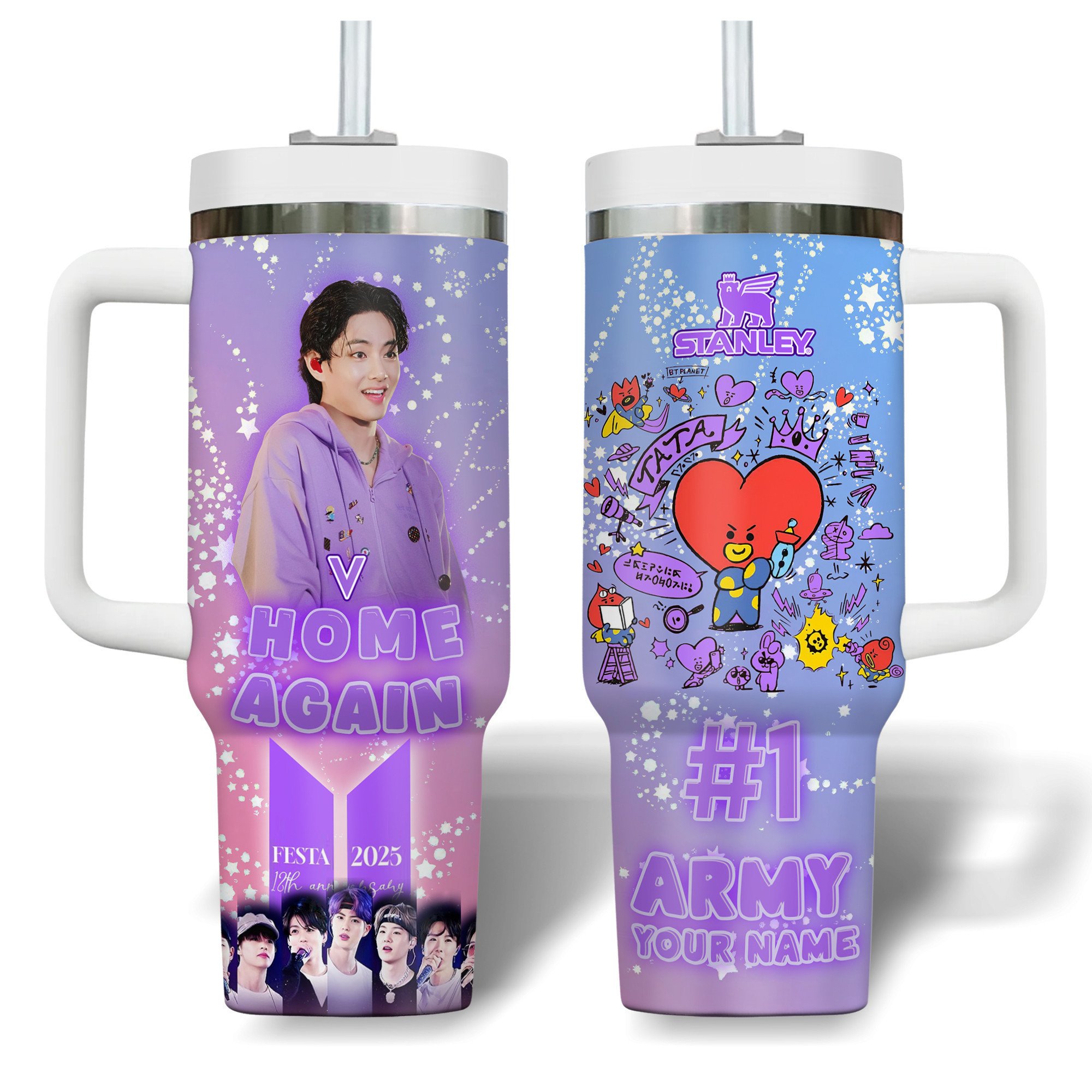 Hydratemerch V BTS Music Custom Stanley Quencher 40oz Stainless Steel Tumbler With Handle