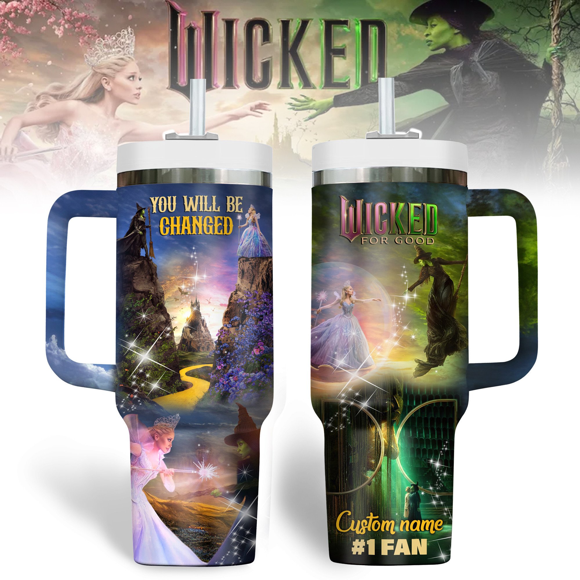 Hydratemerch Wicked Movies Custom Stanley Quencher 40oz Stainless Steel Tumbler With Handle