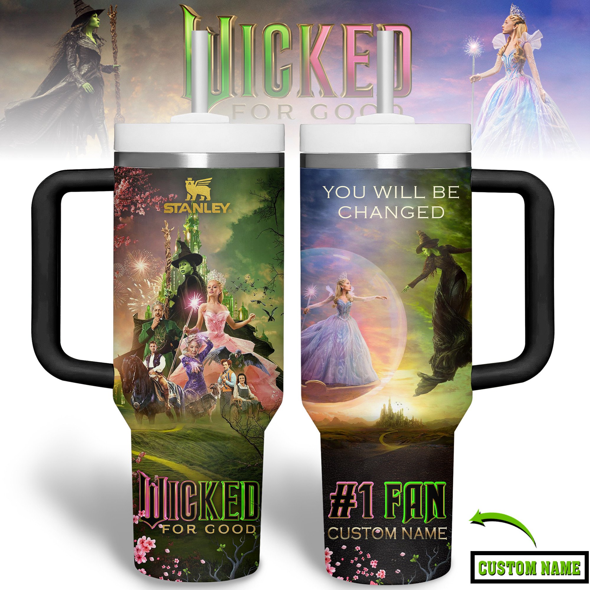 Hydratemerch Wicked Movies Custom Stanley Quencher 40oz Stainless Steel Tumbler With Handle