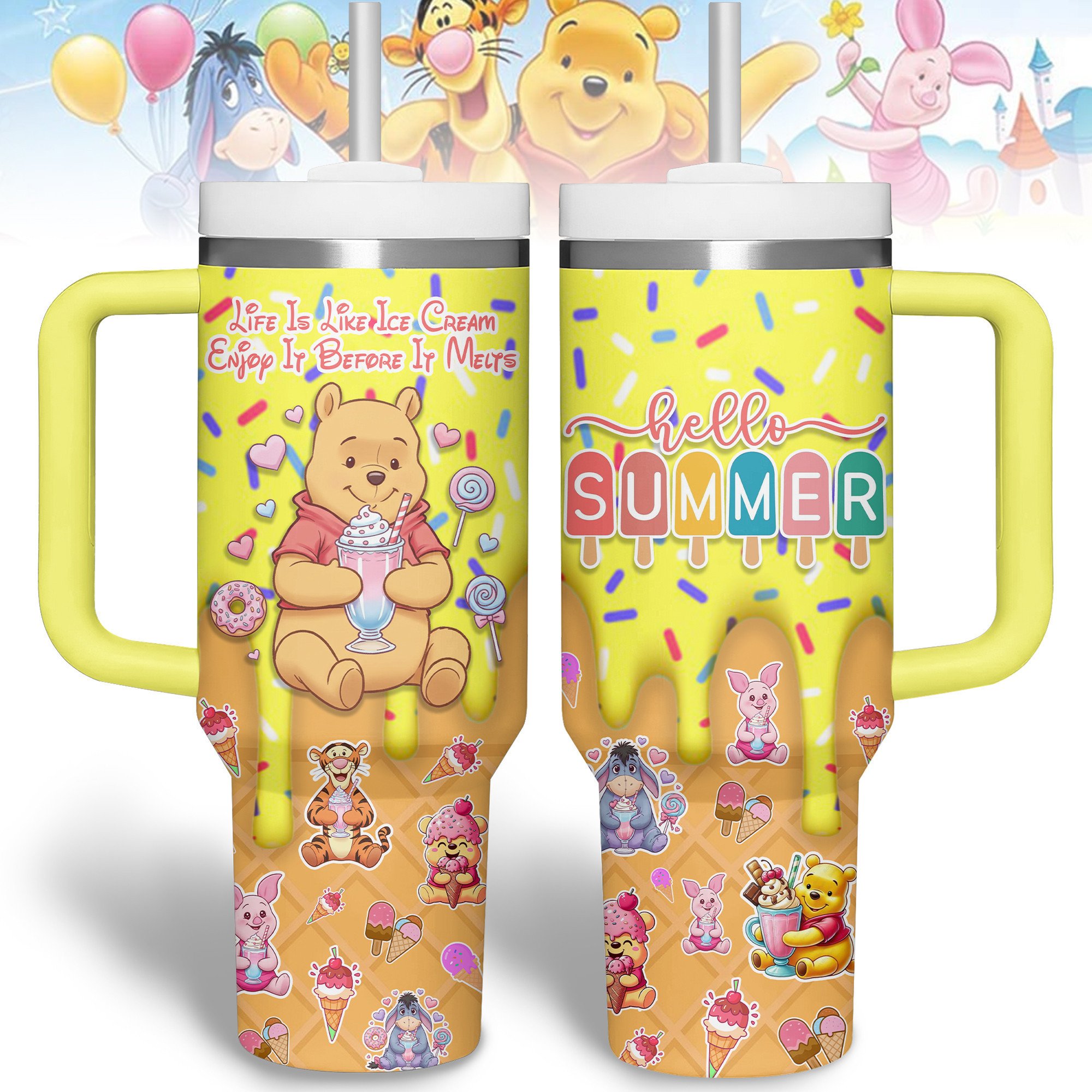 Hydratemerch Winnie The Pooh Cartoon Custom Stanley Quencher 40oz Stainless Steel Tumbler With Handle