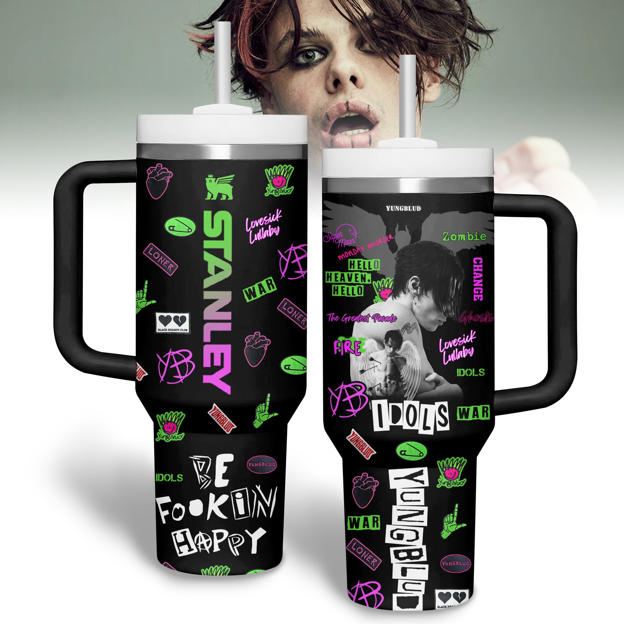 Hydratemerch Yungblud Music Custom Stanley Quencher 40oz Stainless Steel Tumbler With Handle