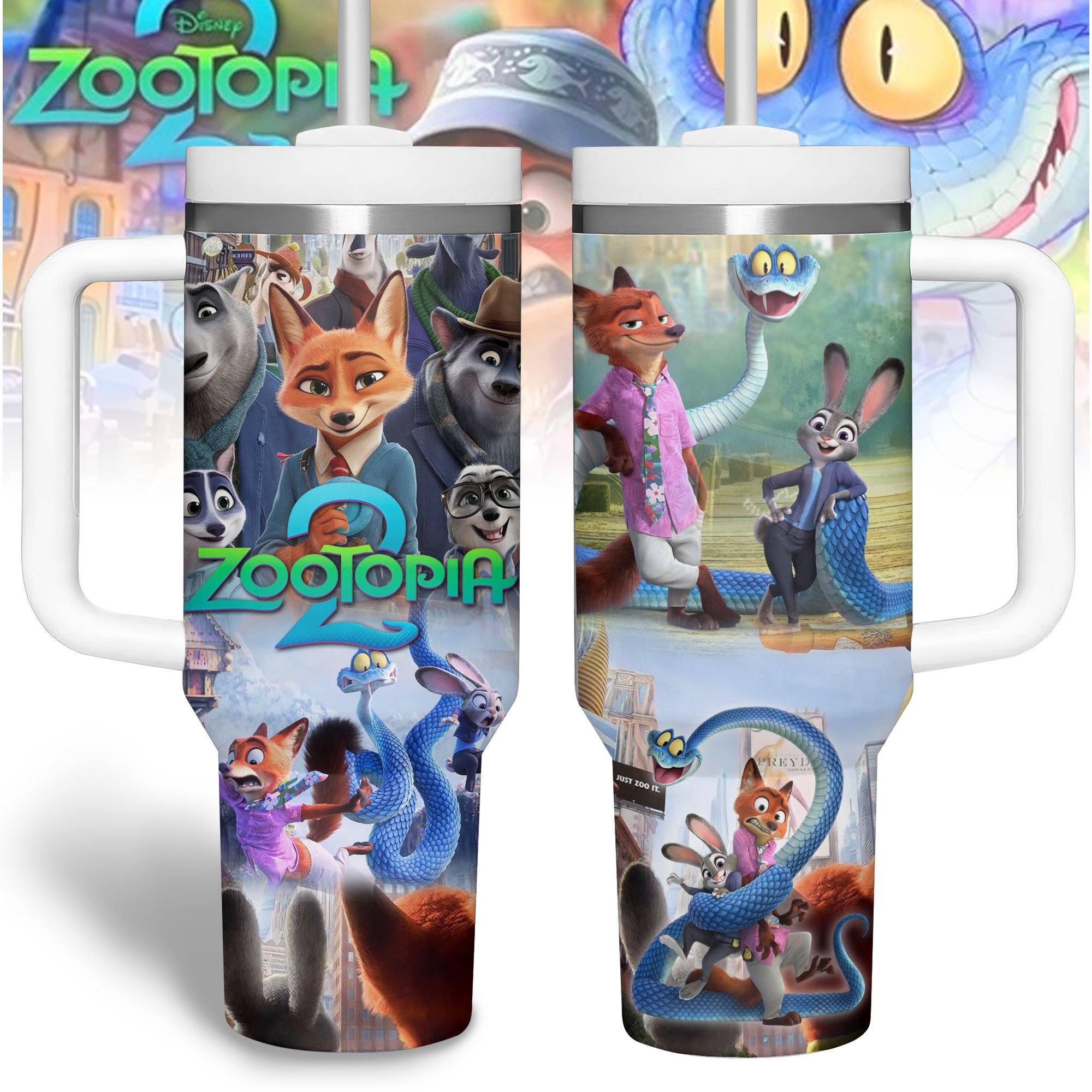 Hydratemerch Zootopia Cartoon Custom Stanley Quencher 40oz Stainless Steel Tumbler With Handle